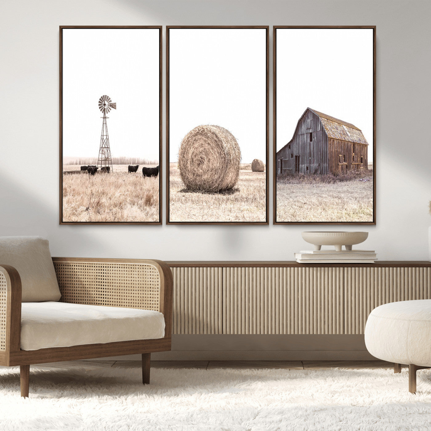 30918-MGV-FC-48X32-3P_Walnut-Rustic Farmhouse Wall Art Set of 3 – Country Barn and Wheat Field | Farm Prints for Country Home and