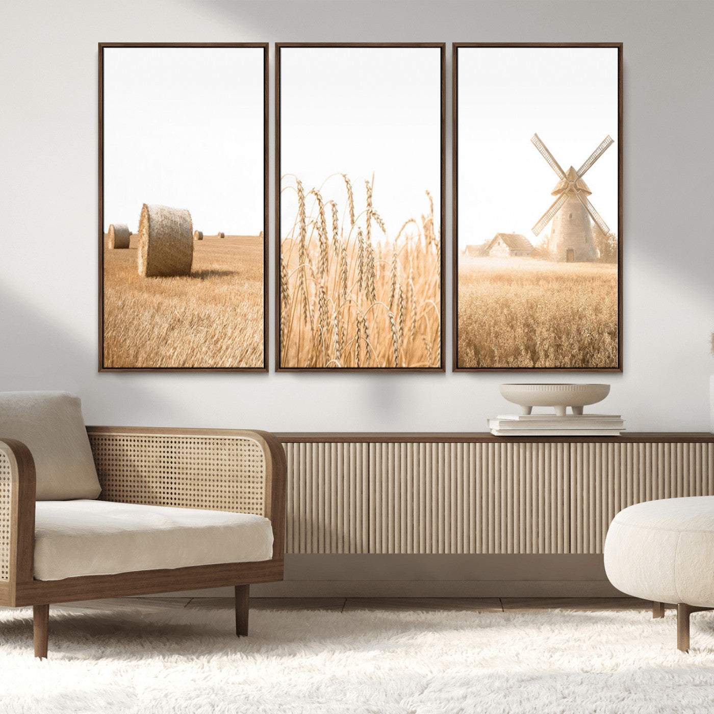 88780-MGV-FC-48X32-3P_Walnut-Vintage Farmhouse Triptych Wall Art – Giclée Canvas Featuring Wheat Fields, Hay Bales, and a