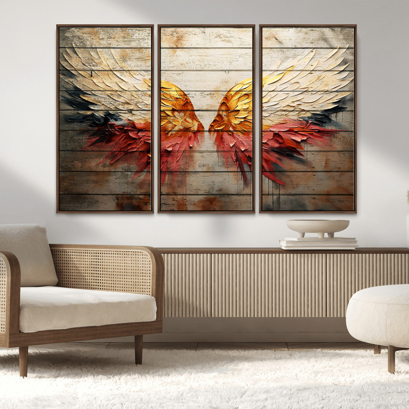 19244-MGV-FC-48X32-3P_Walnut-Abstract Angel Wings Canvas Wall Art – Framed and Ready to Hang Modern Angelic Wings Decor for