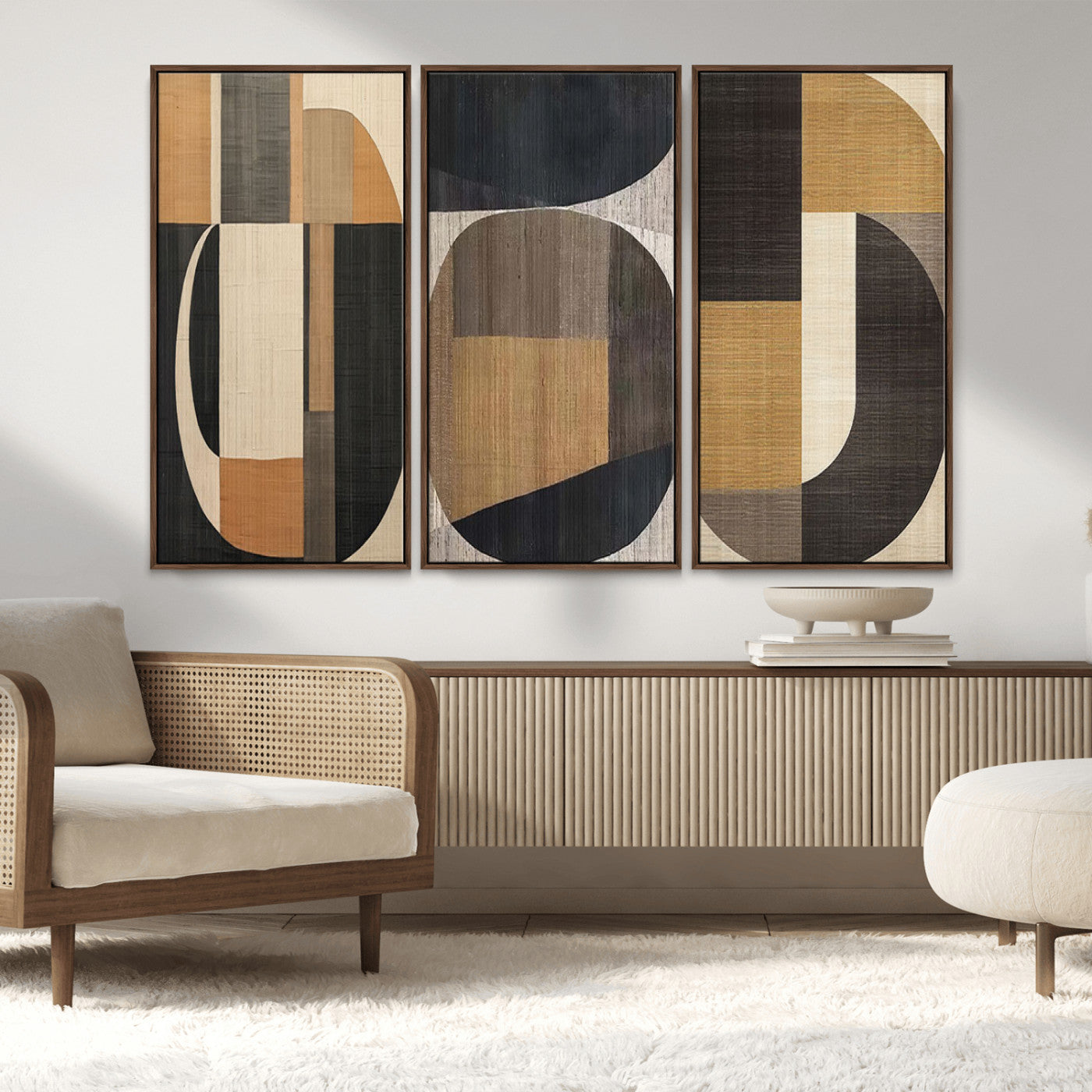 84035-MGV-FC-48X32-3P_Walnut-Modern Brown Wabi Sabi Wall Art Canvas Print Set – Framed Minimalist Abstract Artwork for Home, Office Decor