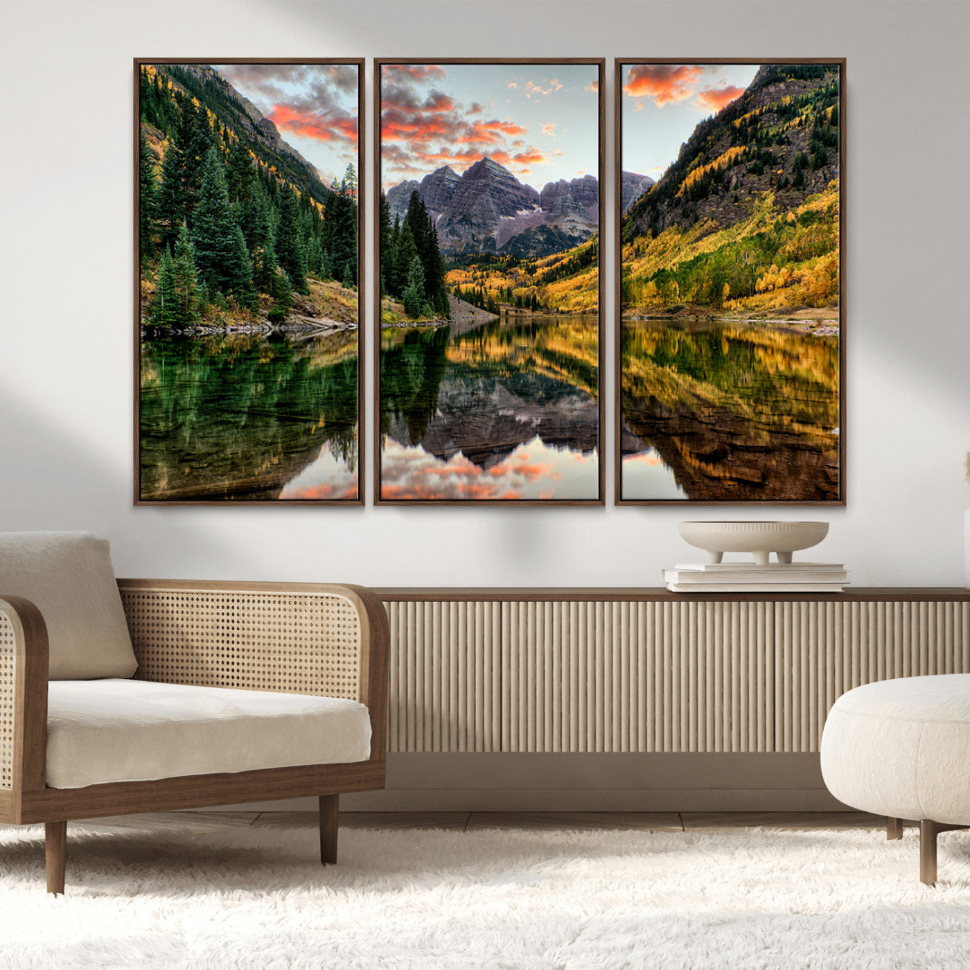 14376-MGV-FC-48X32-3P_Walnut-Maroon Bells Wall Art - Scenic Canvas Print of Maroon Bells in Autumn for Elegant Home or Office