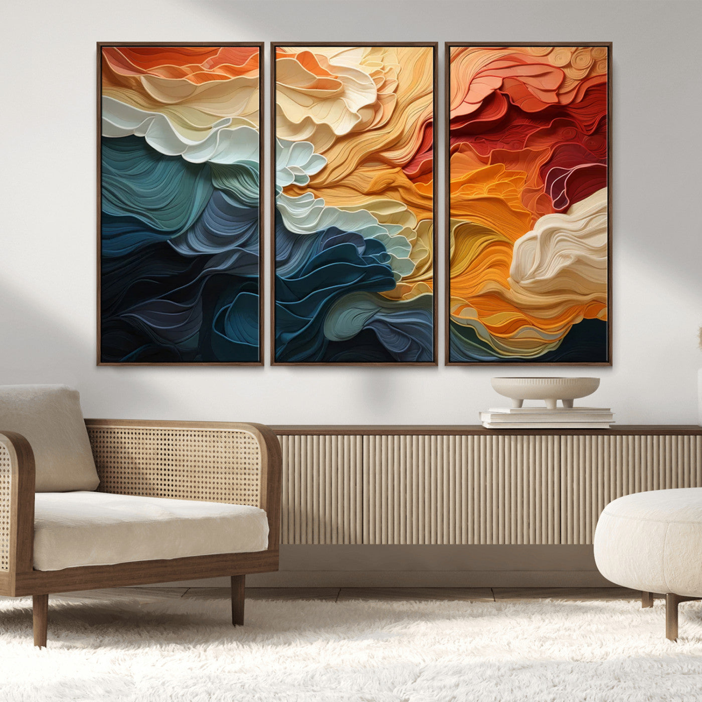 31634-MGV-FC-48X32-3P_Walnut-Blue Orange Abstract Wave Wall Art Canvas Print, Framed Blue Orange Wave Wall Art
