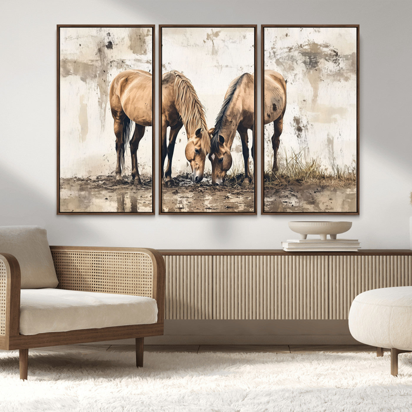 -Vintage Horses Wall Art | Ready to Hang and Framed Triptych | Western Farmhouse Wall Decor for