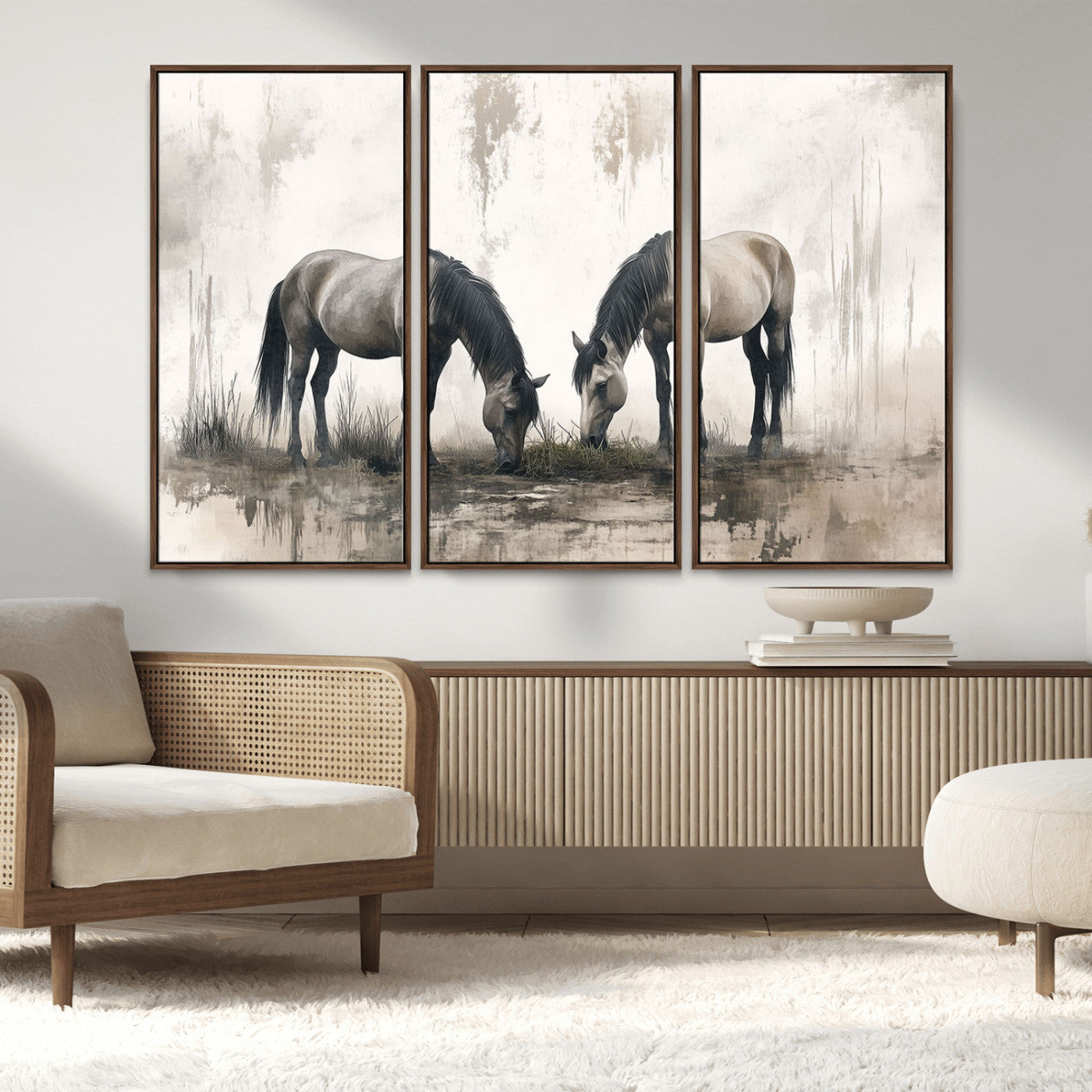-Chines Ink Style Vintage Horses Wall Art Canvas Print for Farmhouse Wall Decor