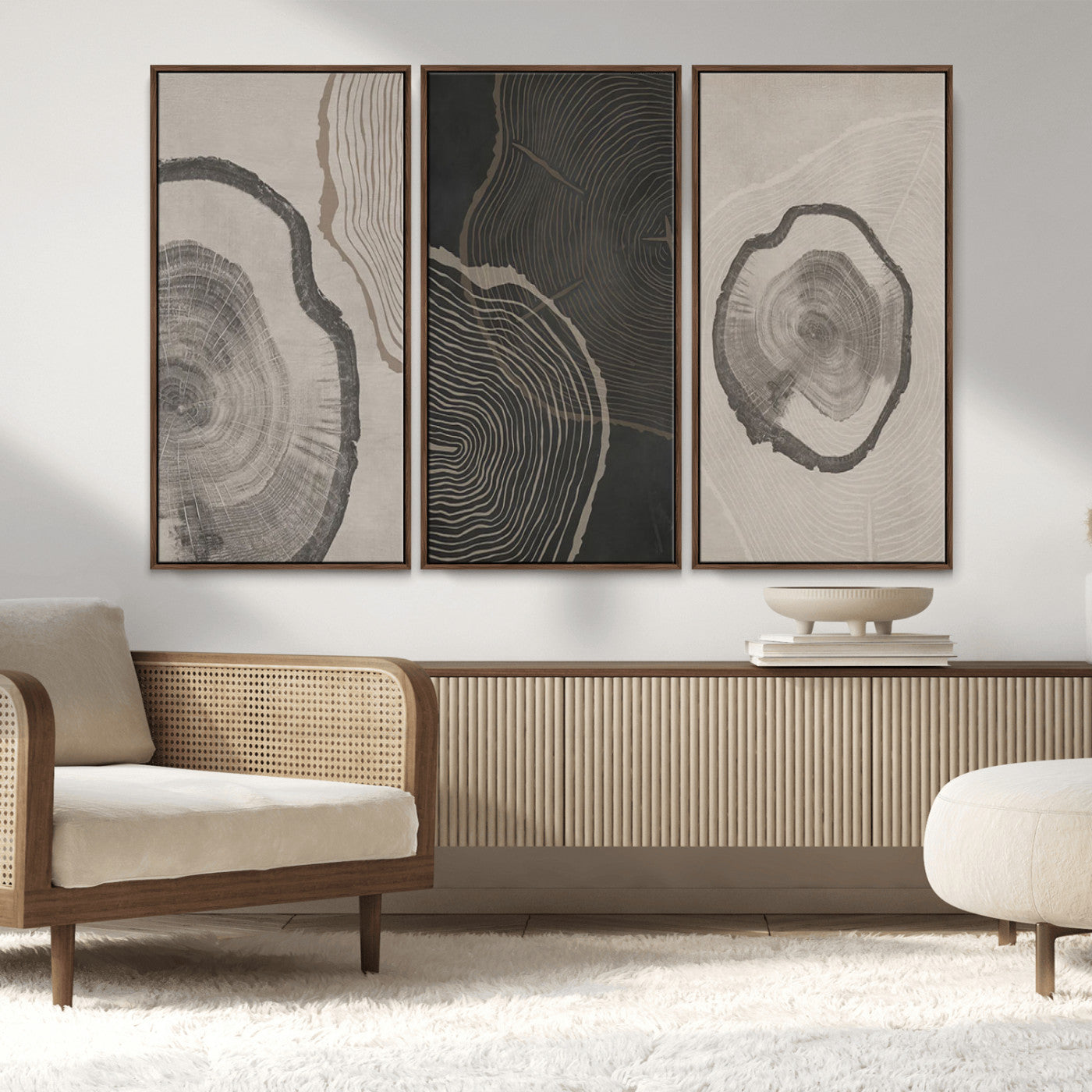 25407-MGV-FC-48X32-3P_Walnut-Modern Abstract Tree Ring Canvas Art Set | 3 Panel Large Tree Ring Design for Living Room, Office,