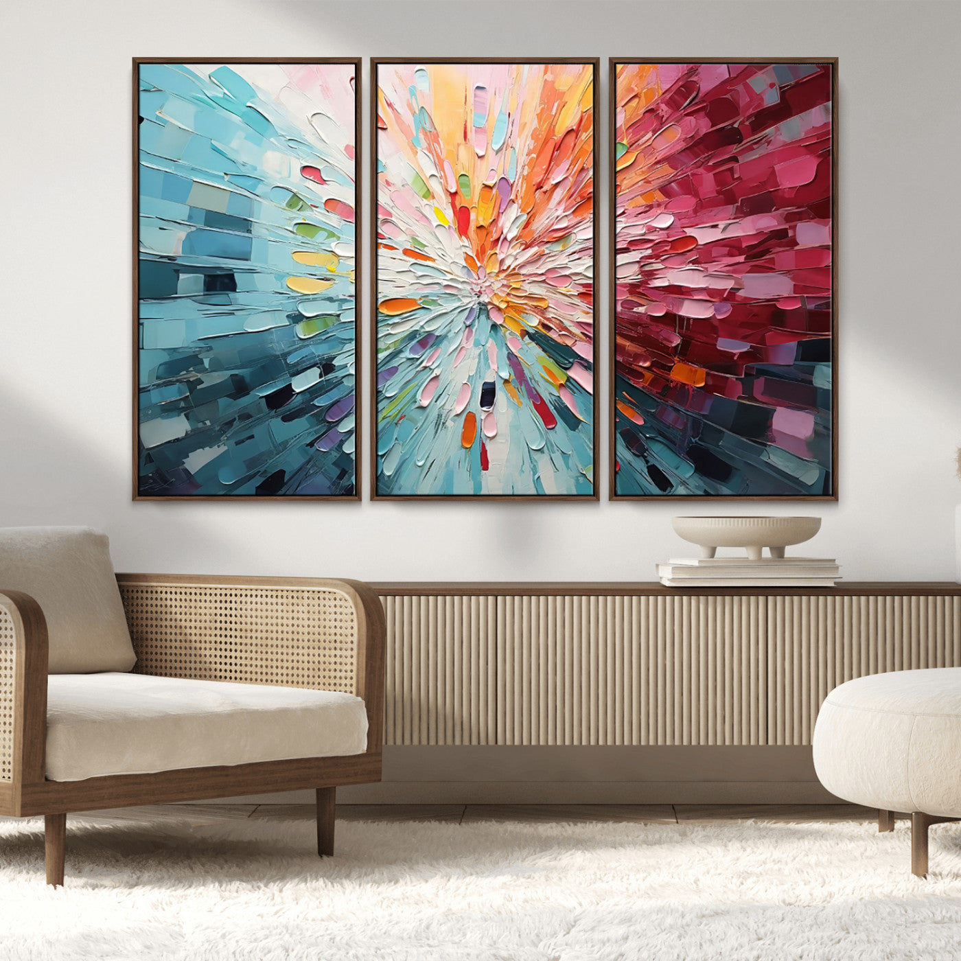 47065-MGV-FC-48X32-3P_Walnut-Radiant Bloom Abstract Floral Wall Art Canvas Print - Colorful Burst - Modern Living Room Decor -