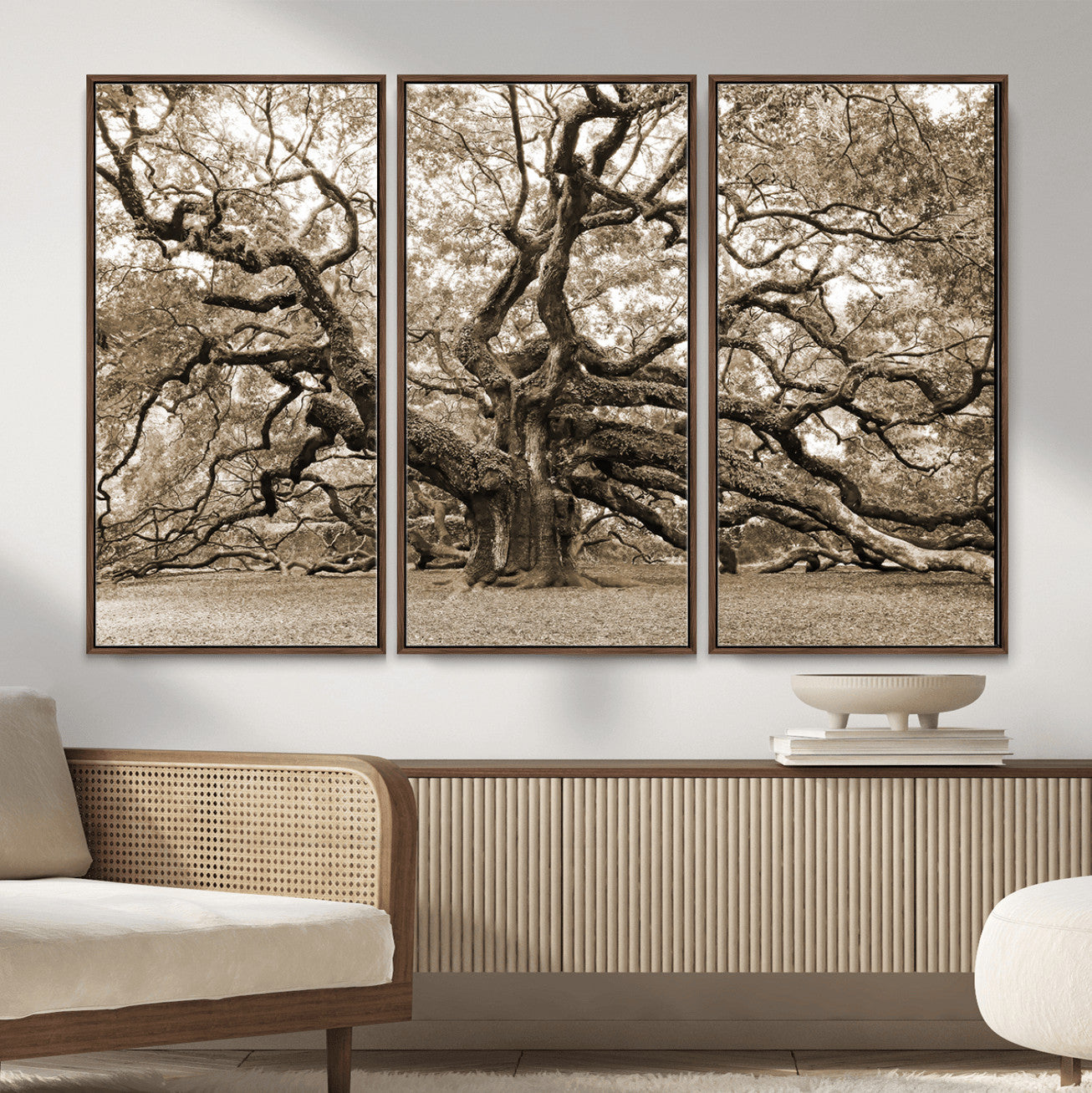 51126-MGV-CV-36X24 - Sepia Framed Angel Oak Tree Wall Art - 3-Panel Canvas Prints, Large Green Nature Artwork, Ready to