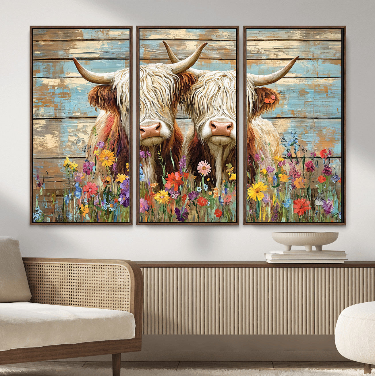 36972-MGV-CV-36X24 - Cute Highland Cow Canvas Wall Art - Rustic Farmhouse Decor with Colorful Flowers Perfect Wall Art