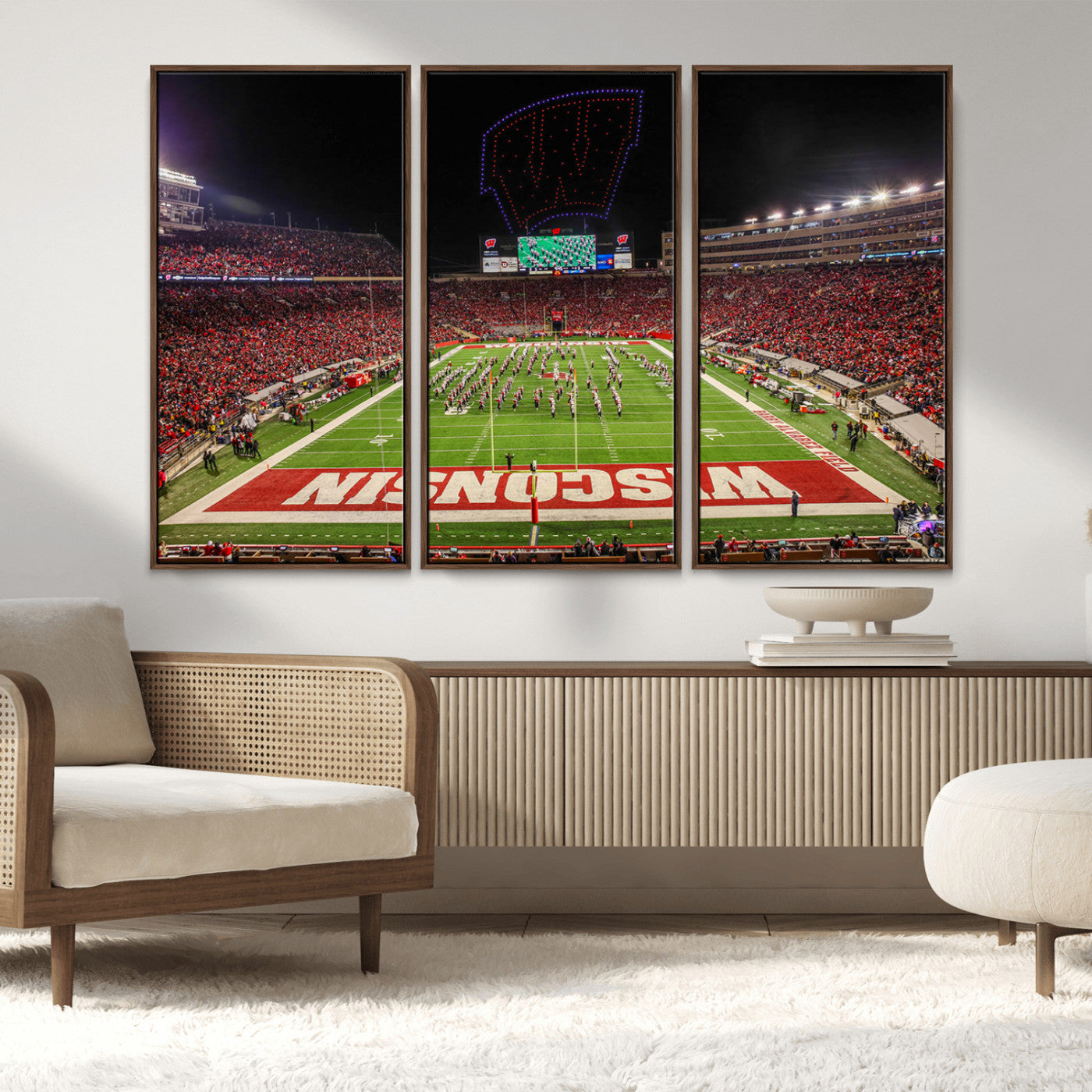 34125-MGV-FC-48X32-3P_Walnut-Wisconsin Badgers Football Team Print Canvas- Madison Camp Randall Stadium Wall Art Canvas Print