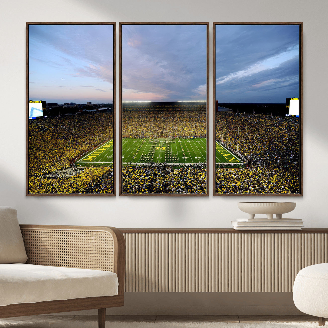 82641-MGV-CV-36X24 - Michigan Stadium Wall Art Canvas Print, Vibrant Game Day Crowd and Sunset Sky Football Field Artwork for Home, Office
