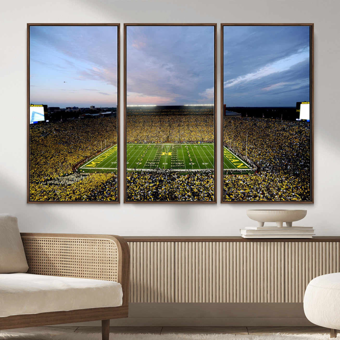 82641-MGV-CV-36X24 - Michigan Stadium Wall Art Canvas Print, Vibrant Game Day Crowd and Sunset Sky Football Field Artwork for Home, Office