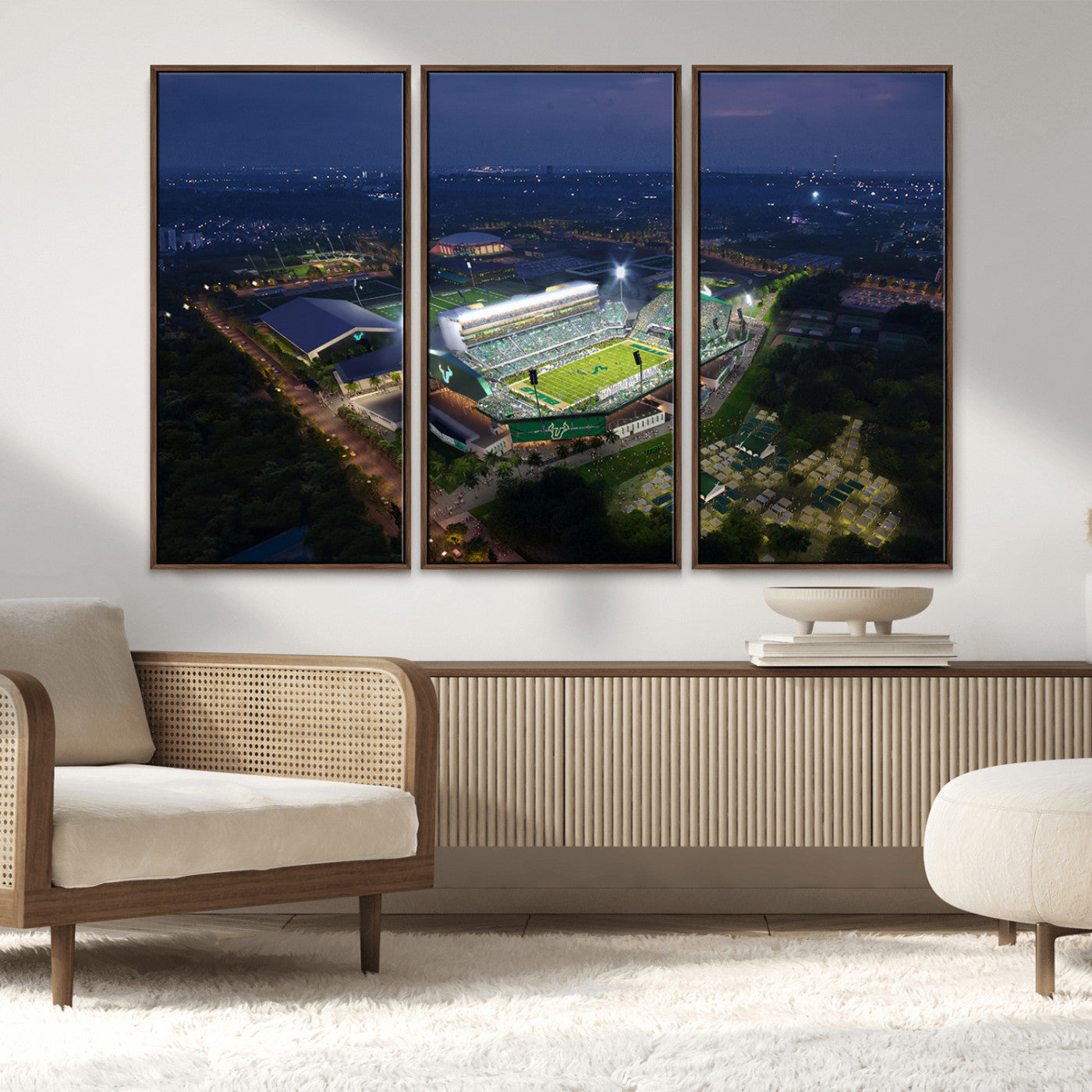 27554-MGV-FC-48X32-3P_Walnut-The University of South Florida Bulls Football Team Print - Tampa USF Football Stadium Wall Art