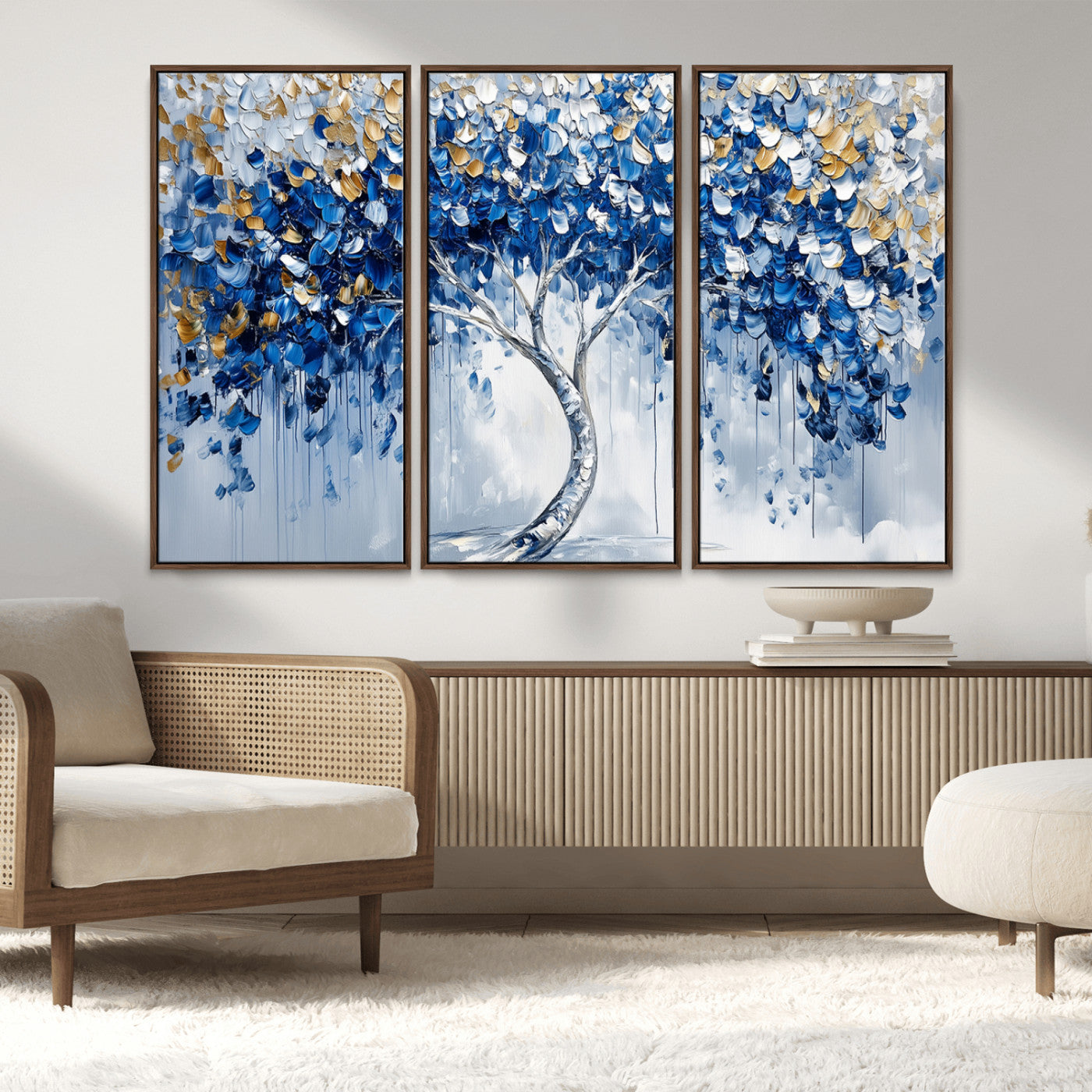 62350-MGV-FC-48X32-3P_Walnut-Blue and Gold Abstract Tree Wall Art Canvas Print | Modern Tree of Life Painting | Framed Canvas