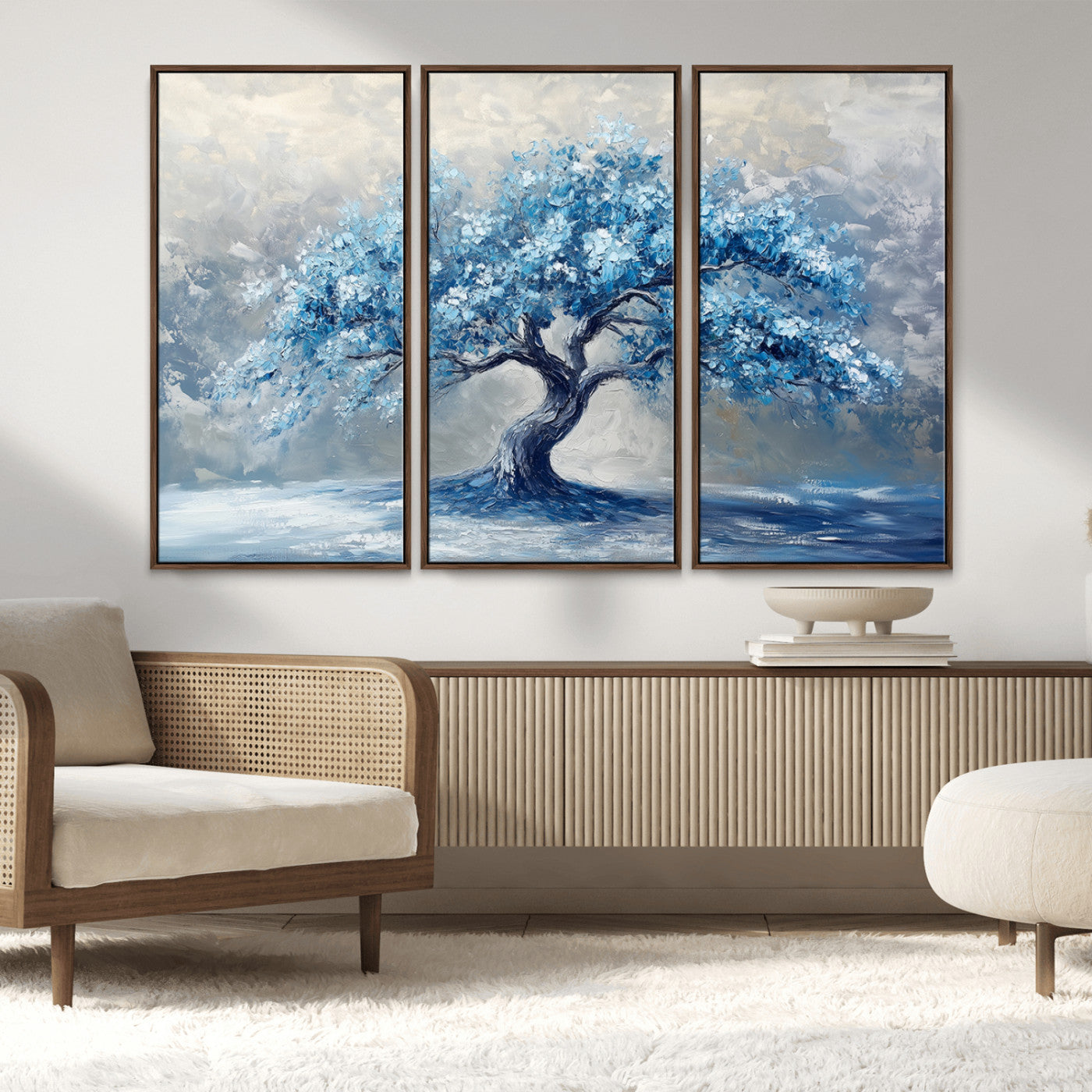 56105-MGV-FC-48X32-3P_Walnut-Abstract Blue Tree Art Canvas Print, Majestic Tree Wall Art Print for Farmhouse Decor