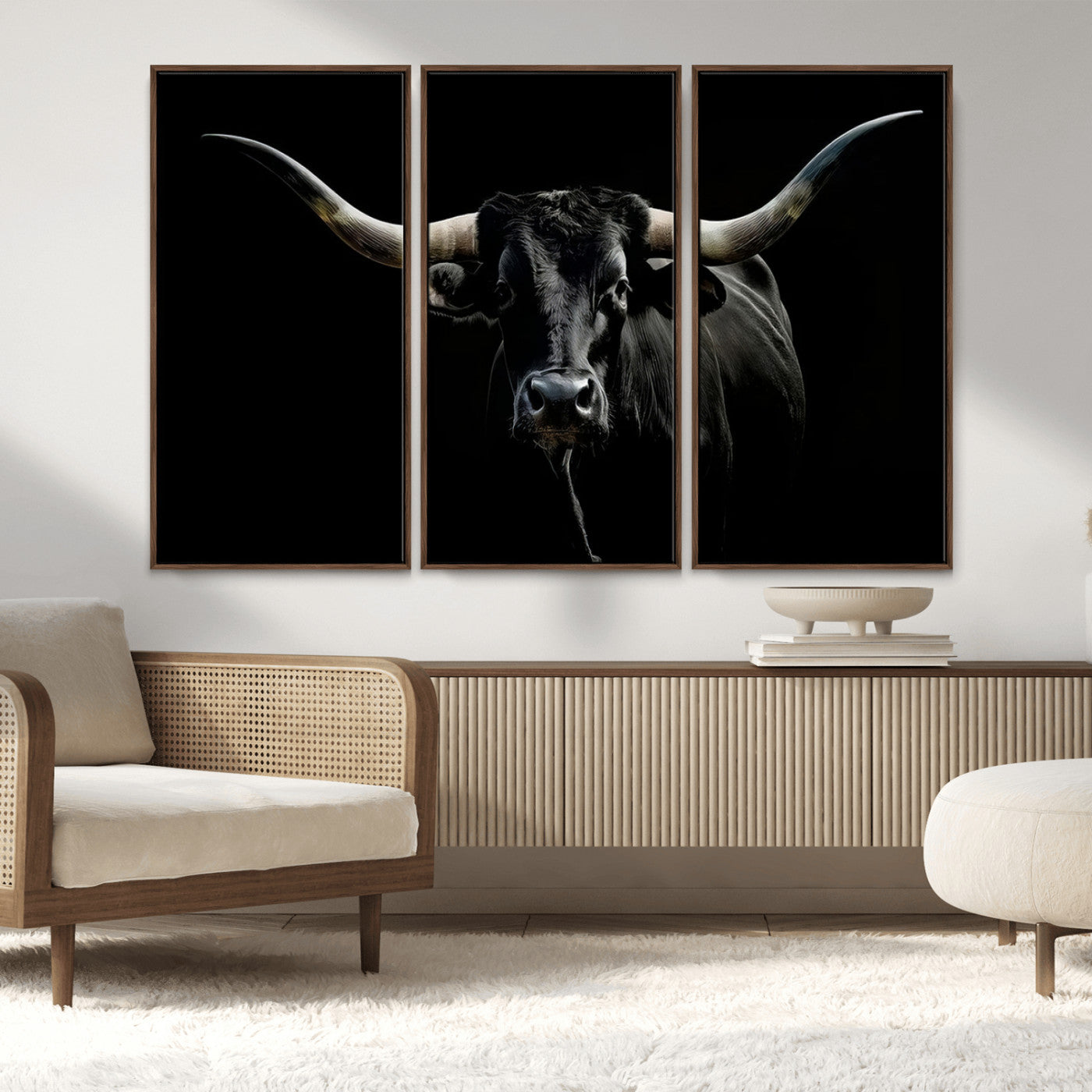 20679-MGV-FC-48X32-3P_Walnut-Texas Black Longhorn Bull Wall Art Canvas Print - Western Texas Cattle Rustic Decor Print - Longhorn
