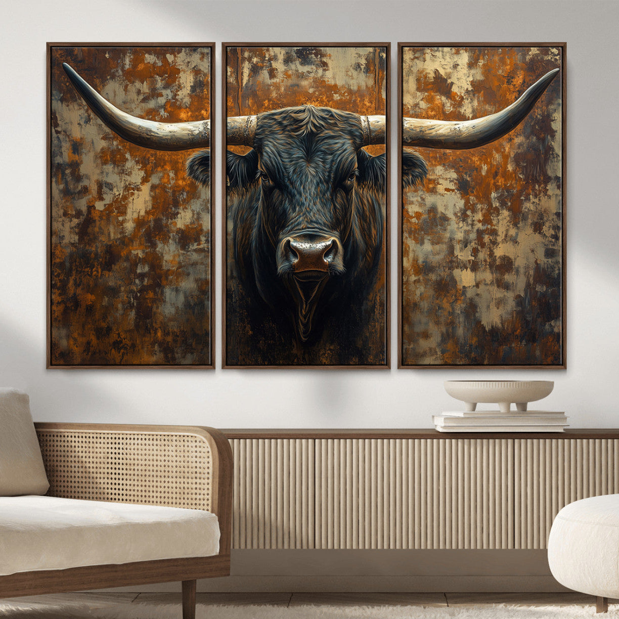 68068-MGV-FC-48X32-3P_Walnut-Longhorn Texas Cow Bull Wall Art | Rustic Farmhouse Canvas Print | Ready to Hang Barn Decor for