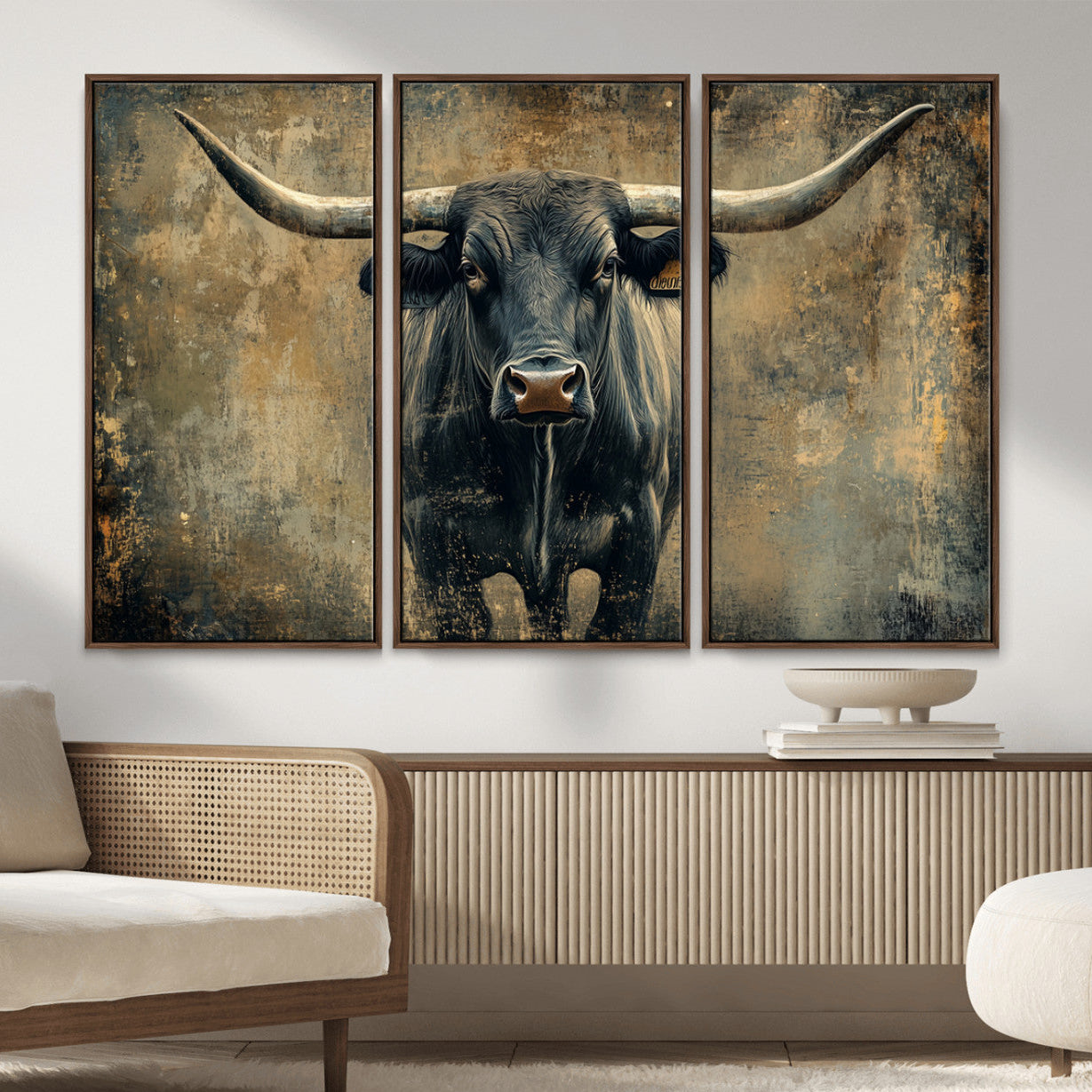 57385-MGV-CV-36X24-Texas Longhorn Bull Wall Art – Framed Rustic Cow Canvas Print, Western Farmhouse Decor Artwork for Living Room or Office
