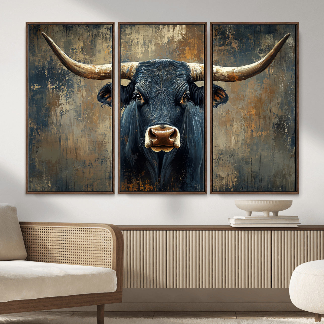 42026-MGV-CV-36X24 - Texas Western Wall Art Canvas Print - Abstract Cow Longhorn Bull Wall Art Canvas Print - Rustic Cow