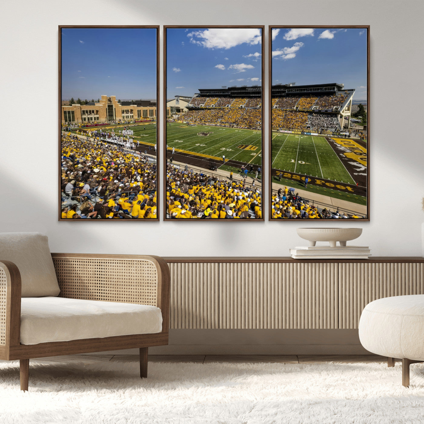 75112-MGV-FC-48X32-3P_Walnut-University of Wyoming Cowboys Football Team Print - Laramie Jonah Field War Memorial Stadium Wall
