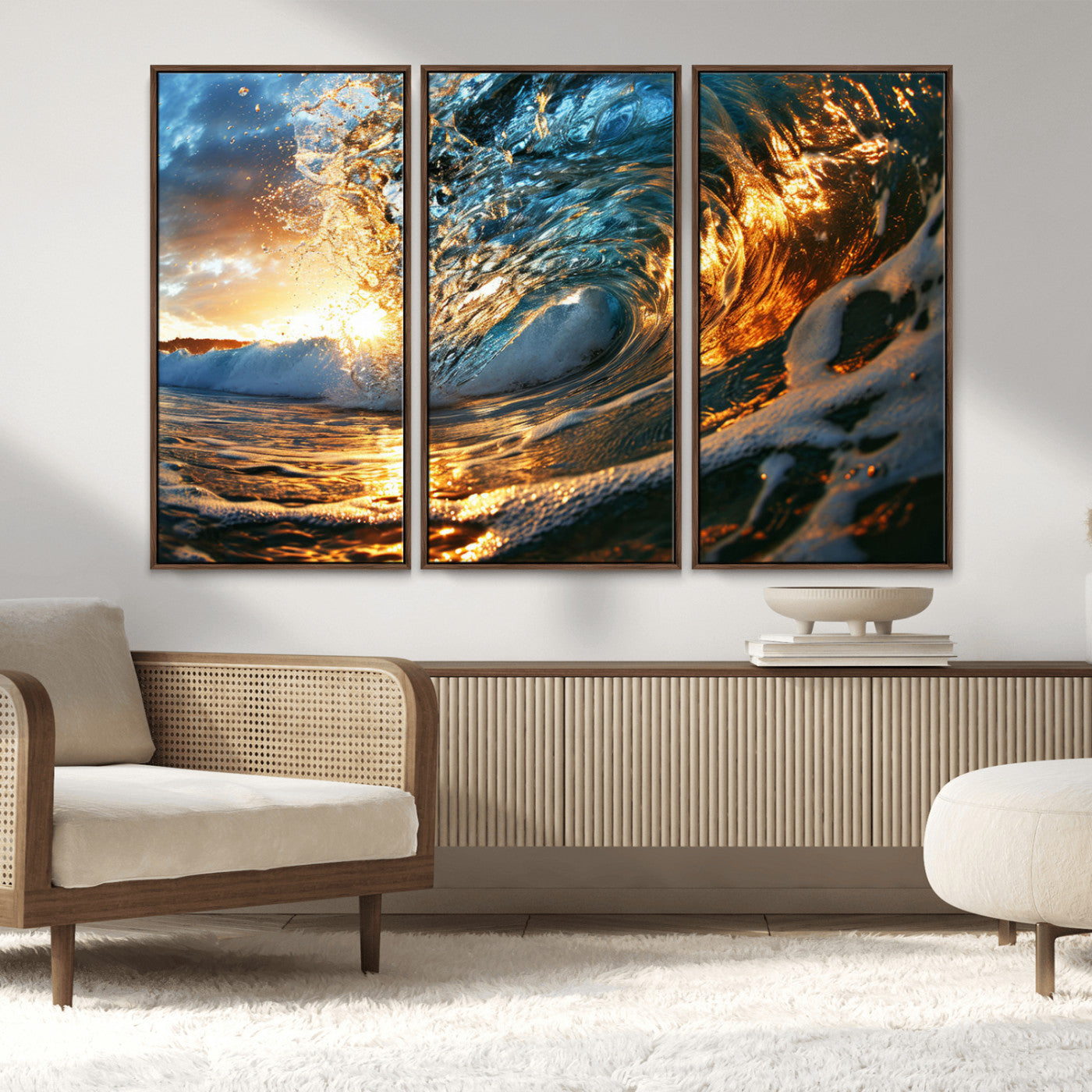 -Ocean Wave at Sunset Canvas Wall Art – Vibrant Coastal Beach Waves Print, Large Nautical Decor,