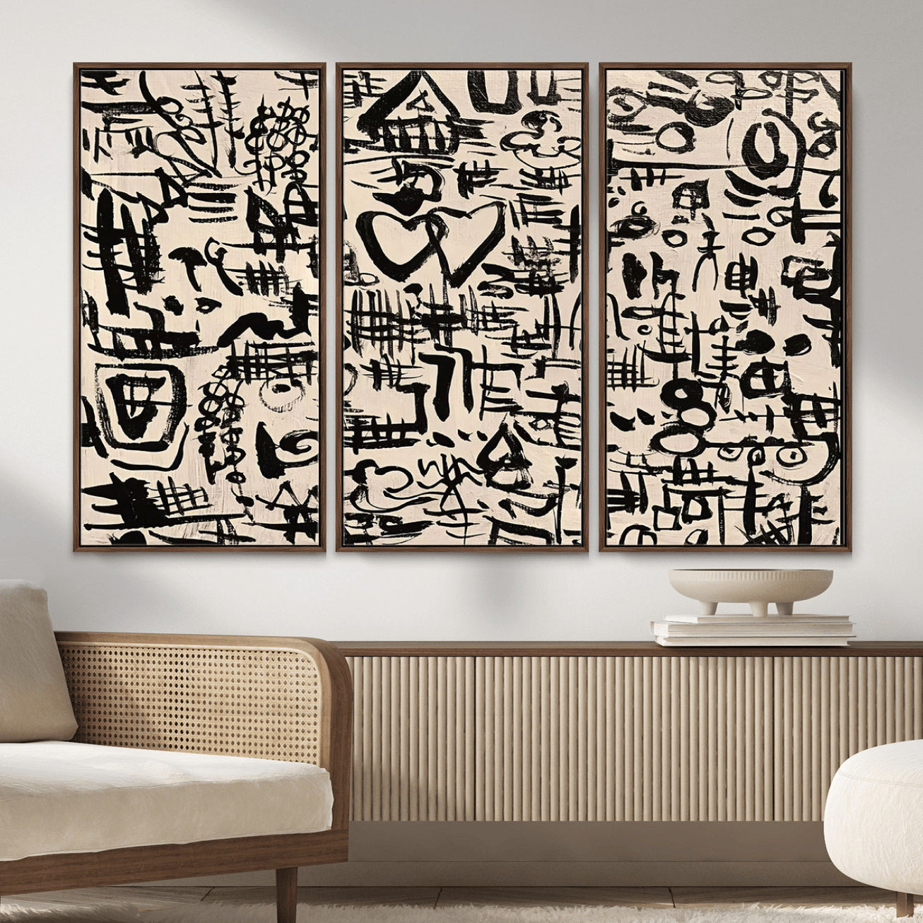 68273-MGV-FC-48X32-3P - Abstract Love and Chaos Canvas Print, Black Symbols on Beige