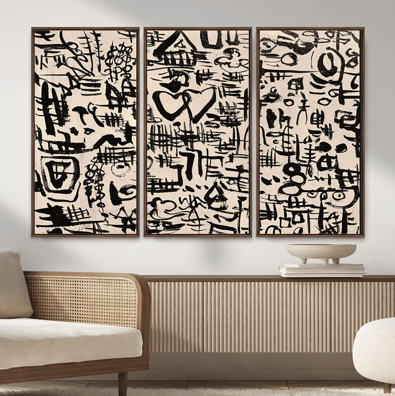 68273-MGV-FC-48X32-3P - Abstract Love and Chaos Canvas Print, Black Symbols on Beige