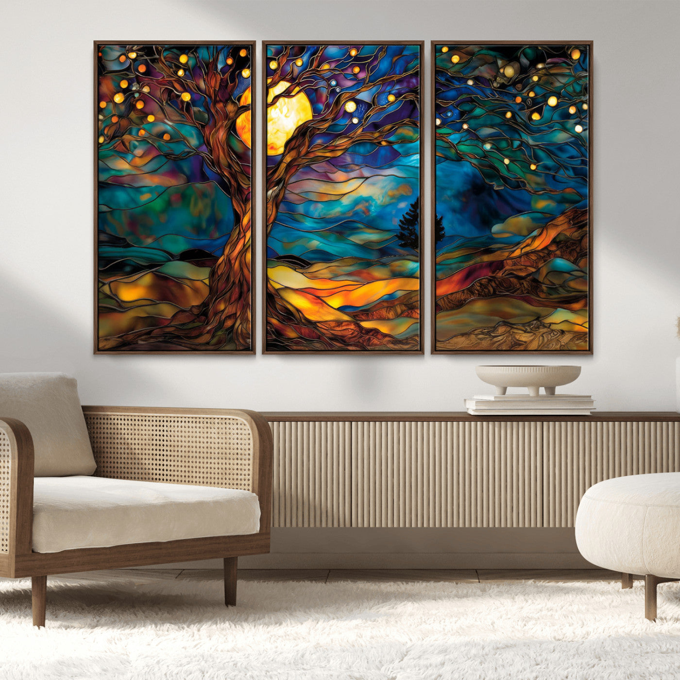 18319-MGV-FC-48X32-3P_Walnut-Tree of Life Wall Art - Yggdrasil Tree of Life Canvas Print - Vibrant Moonlit Tree Wall Art, Tree