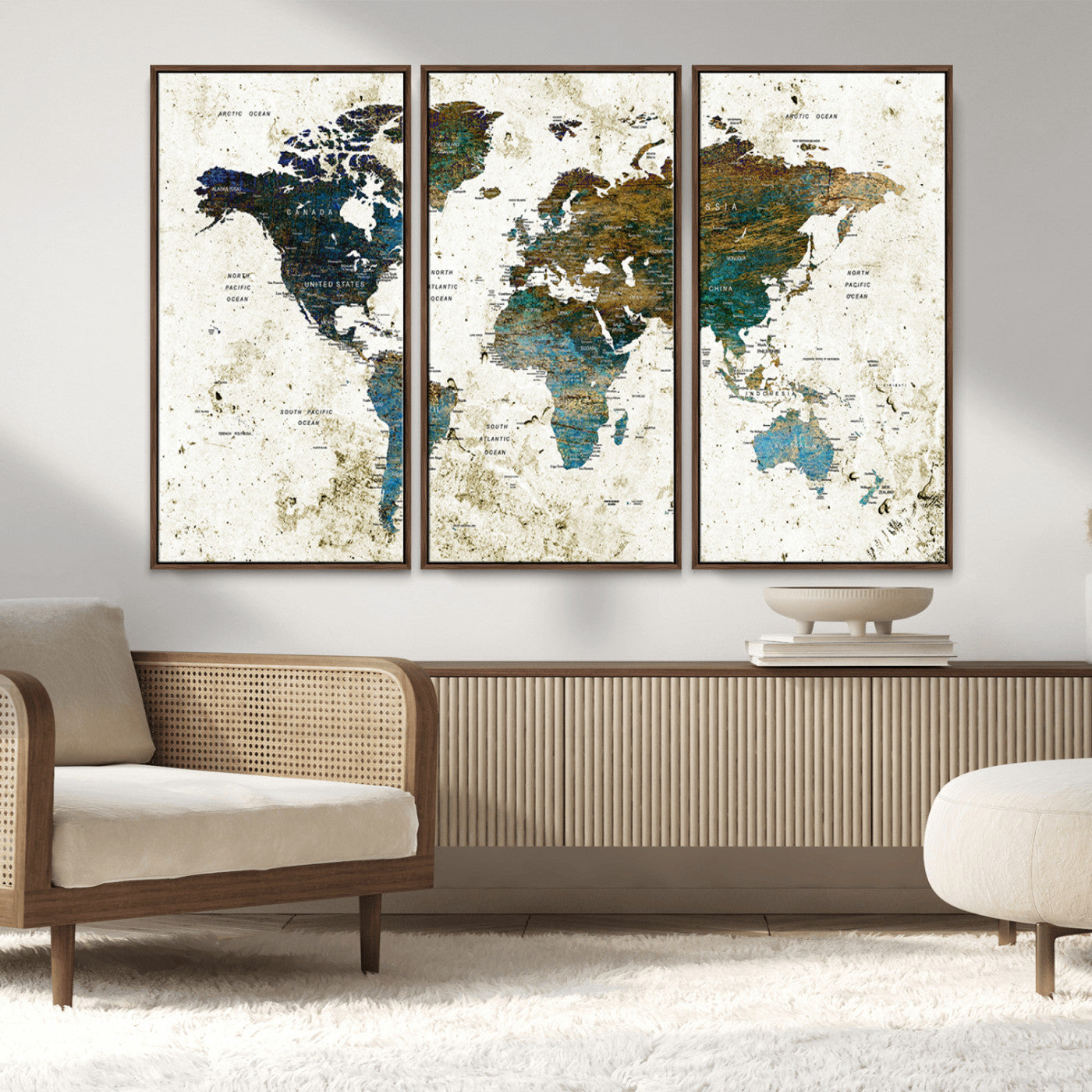 89176-MGV-FC-48X32-3P_Walnut-Vintage Blue and Brown World Map Canvas Wall Art – Framed Rustic Map Print, Earth Tone Travel Decor for Stylish Home and Office Walls
