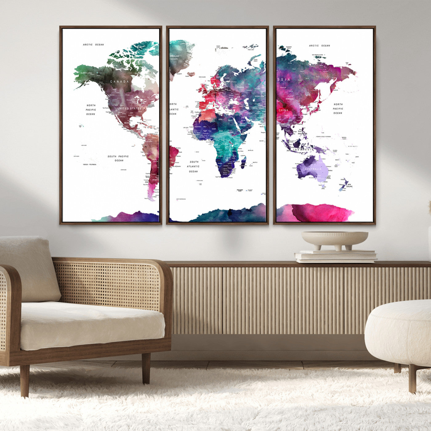 78176-MGV-FC-48X32-3P_Walnut-Colorful Watercolor World Map Canvas Wall Art – Framed Modern Map Print, Vibrant Travel Inspired Artwork for Home and Office Decor