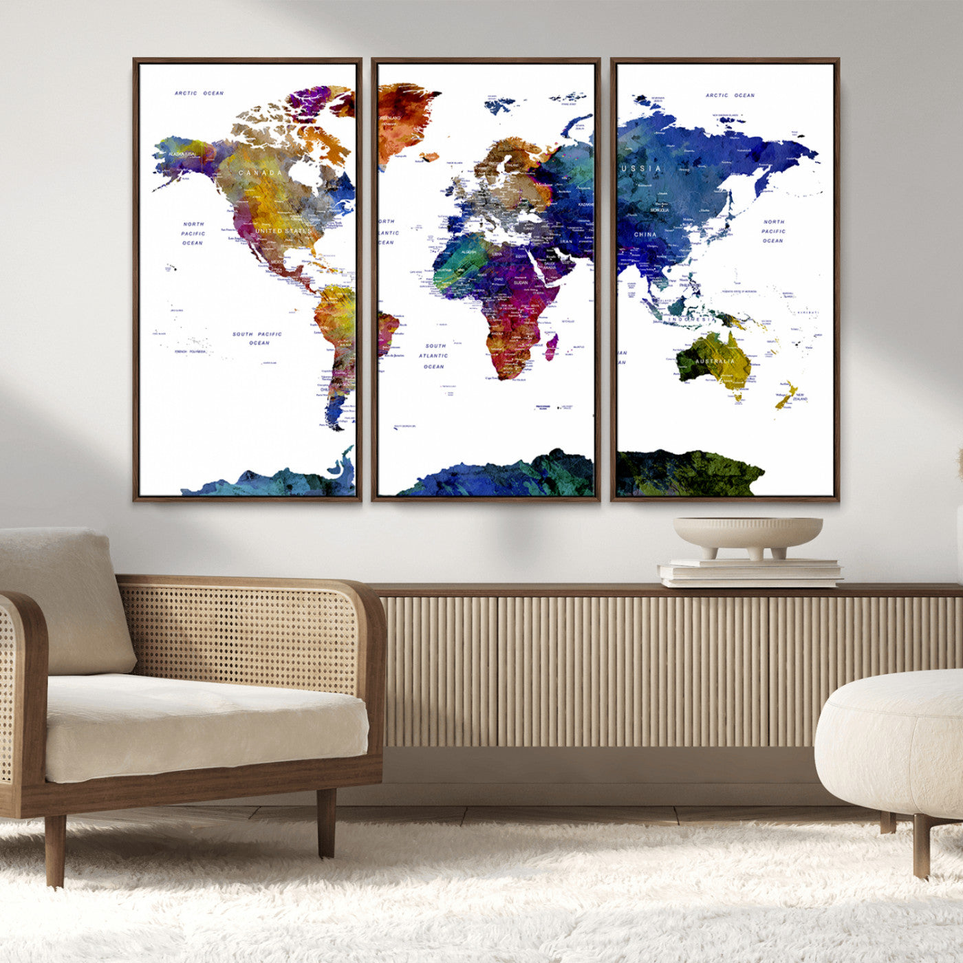 90446-MGV-FC-48X32-3P_Walnut-Colorful Watercolor World Map Canvas Wall Art – Framed Modern Push Pin Travel Map for Home and Office Decor