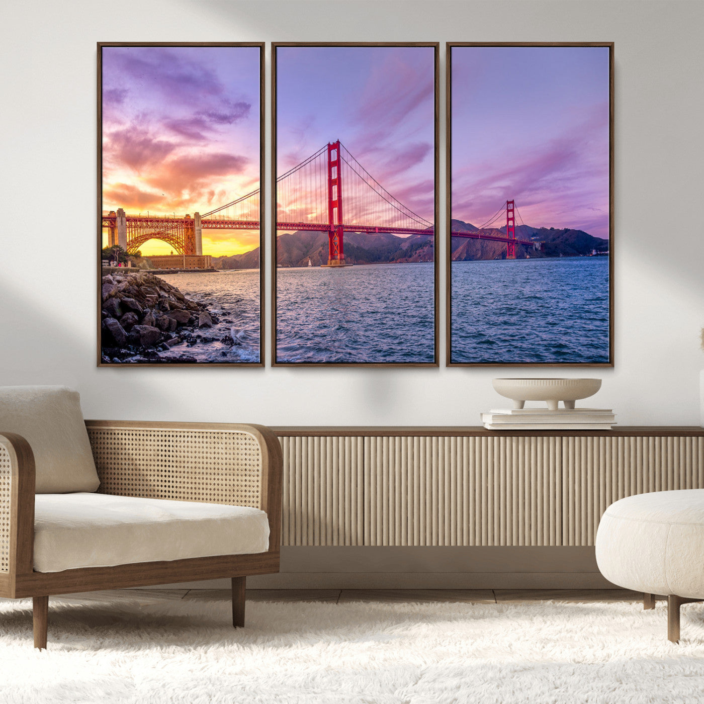 27106-MGV-FC-48X32-3P_Walnut-Golden Gate Bridge Wall Art Canvas Print – Framed San Francisco Sunset Scene with Cityscape Artwork for Home, Office