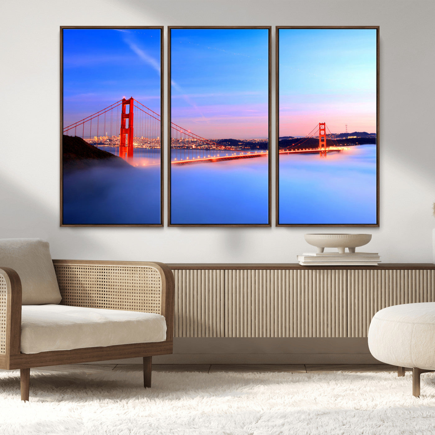 MGV-FC-48X32-3P - Golden Gate Bridge Wall Art Print, San Francisco Sunset Canvas Wall Art, Cityscape Canvas Print for