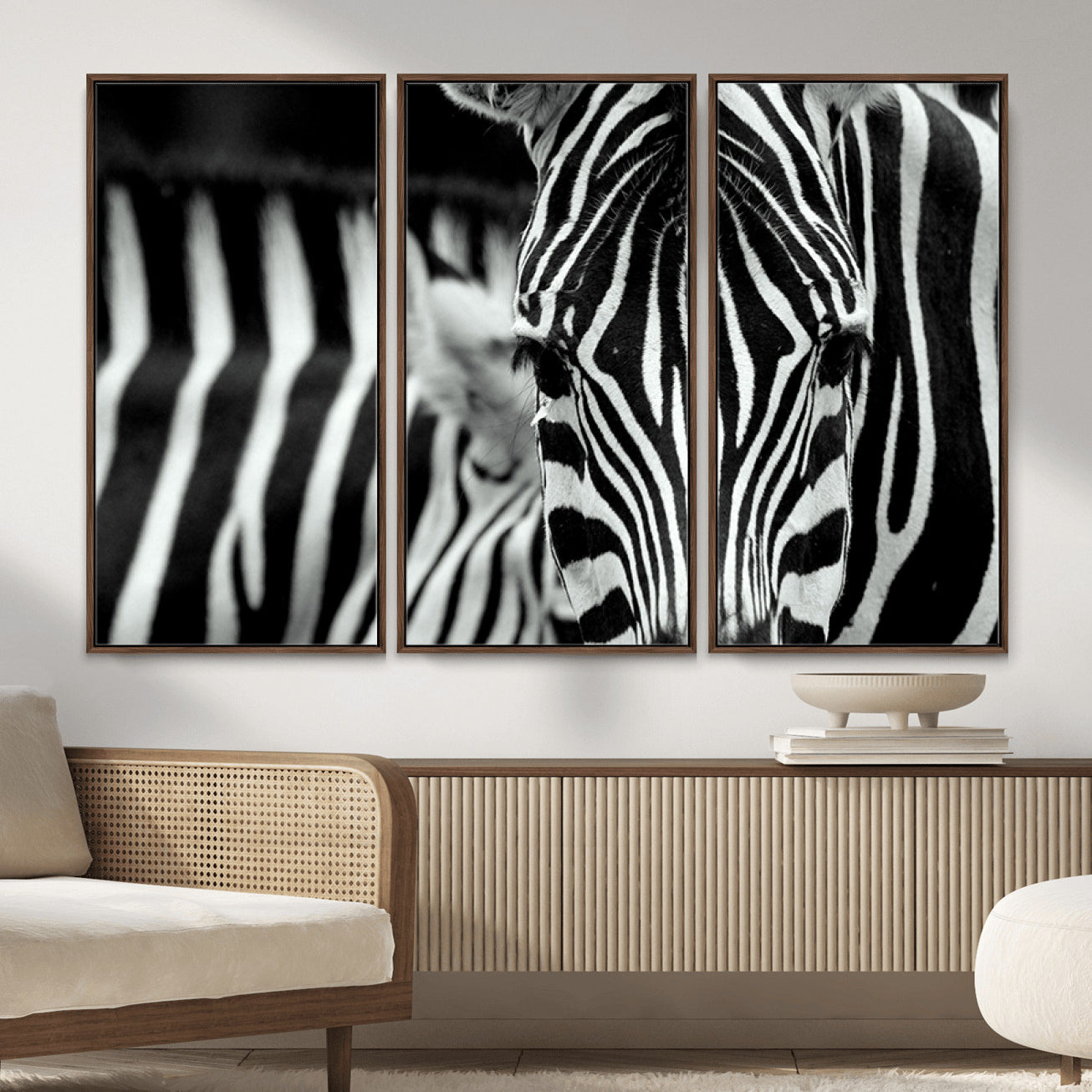 MGV-FC-48X32-3P - Zebra Wall Art – Close Up Black and White Animal Print, Bold Safari Decor for Living Room, Office, or Bedroom