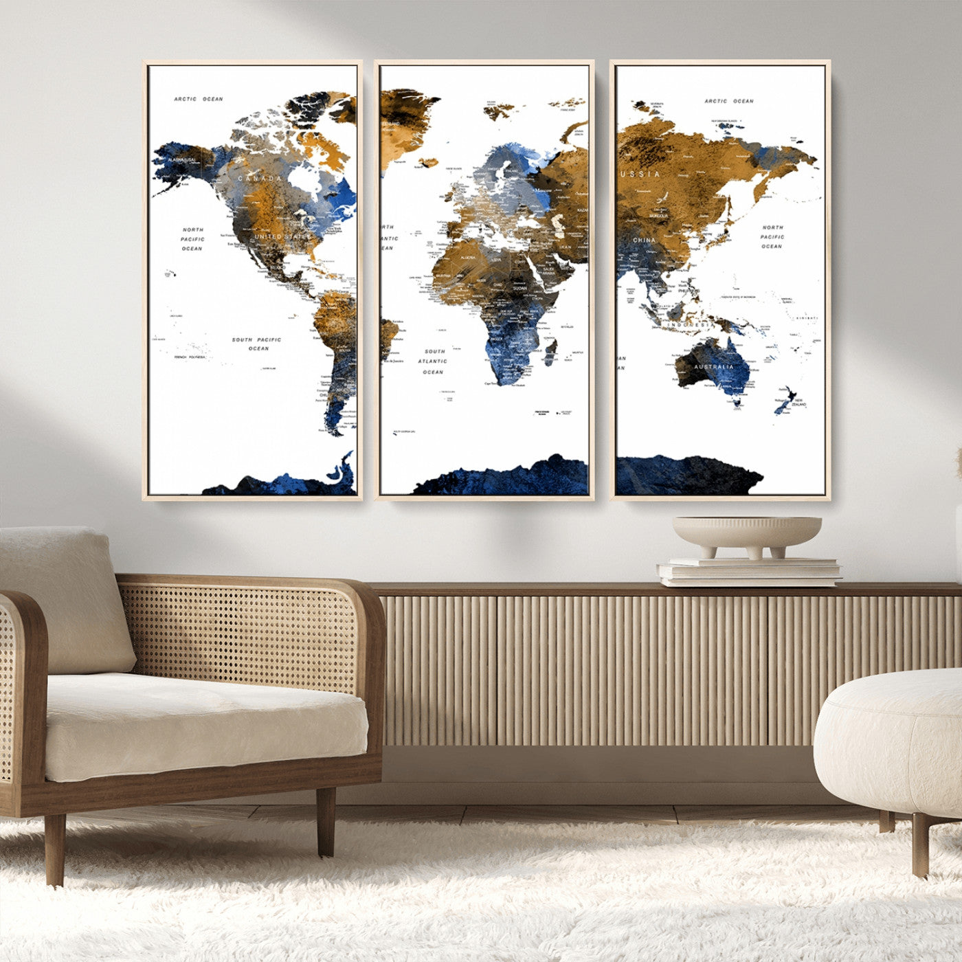 56231-MGV-FC-48X32-3P_Natural-Navy and Gold World Map Canvas Wall Art – Framed Modern World Map Print, Elegant Travel Inspired Artwork for Home and Office Decor