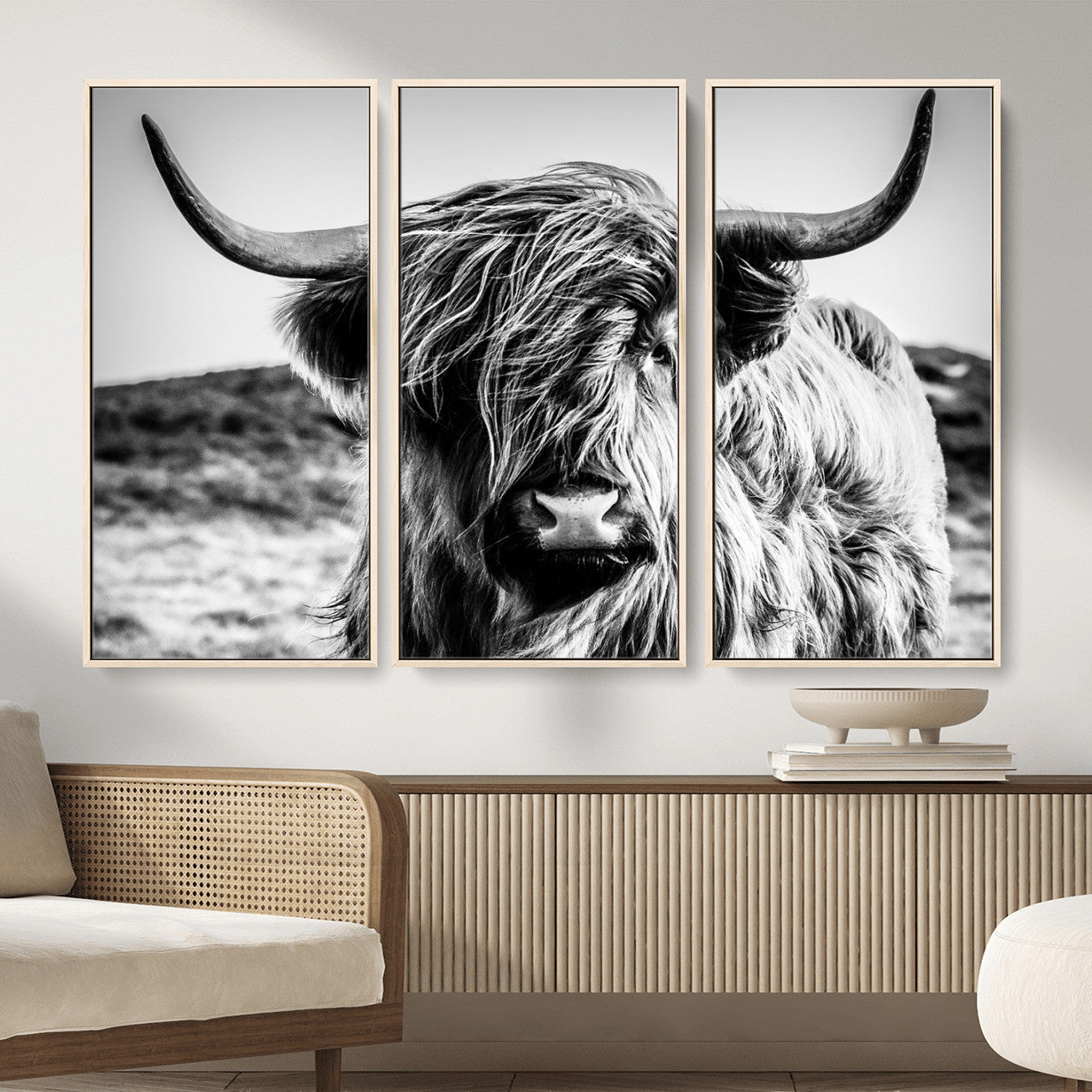54309-MGV-CV-36X24 - Black and White Scottish Cow Canvas Wall Art Highland Cattle Canvas Print Framed Ready to Hang Original Cotton Canvas High Quality Image Multi Panel Wall Art Printable Artwork for Walls
