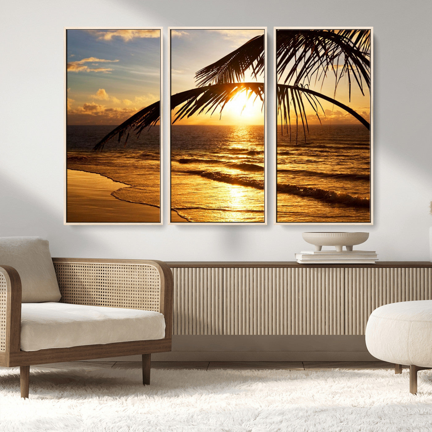 -Golden Tropical Beach Sunset Canvas Triptych, Coastal Palm Tree Wall Art, Ocean Shoreline Giclee