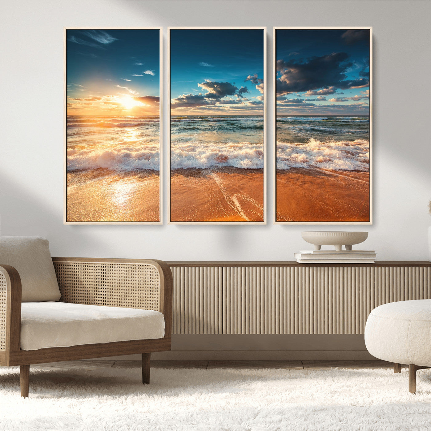 35648-MGV-FC-48X32-3P_Natural-Golden Sunset Beach Triptych Canvas Art, Giclee Coastal Wall Decor, Ocean Waves Print, Modern Beach