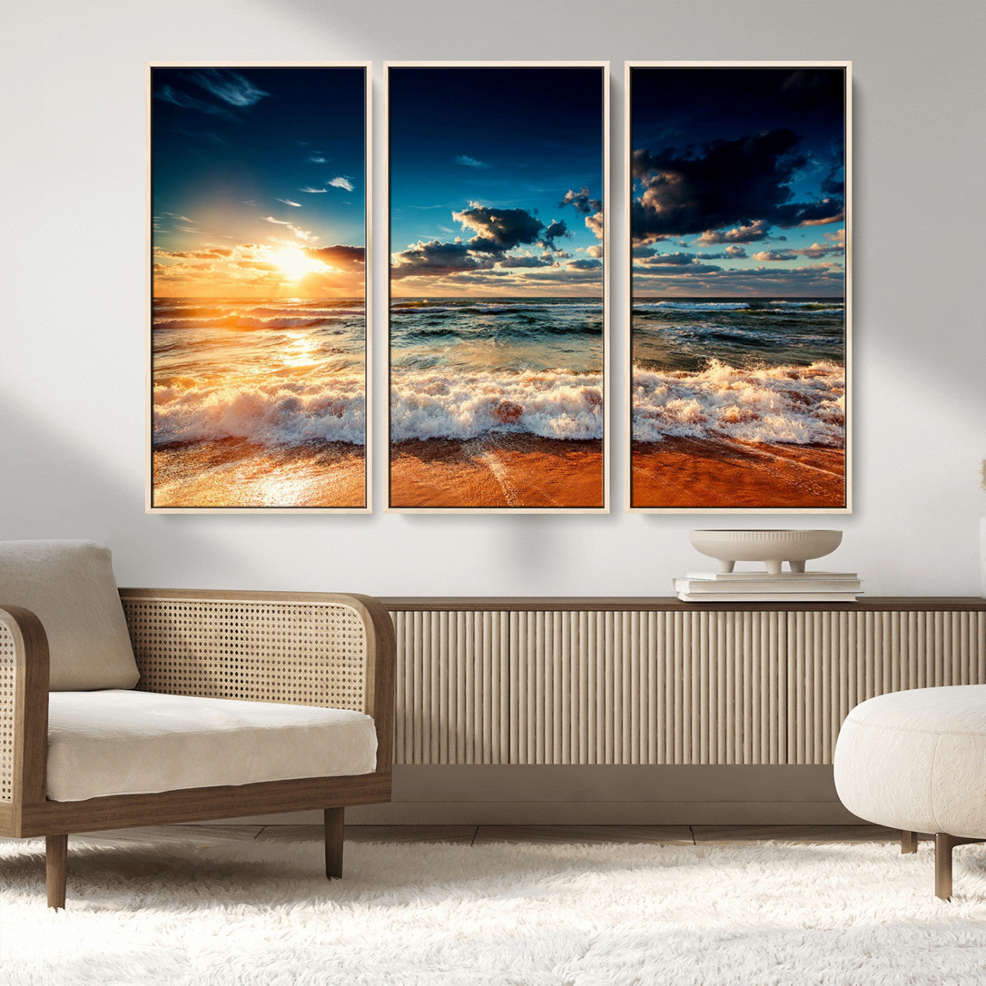 26996-MGV-FC-48X32-3P_Natural-Golden Hour Sunset Over Ocean Waves Wall Art Canvas Print | 3 Panel Coastal Landscape Canvas Wall