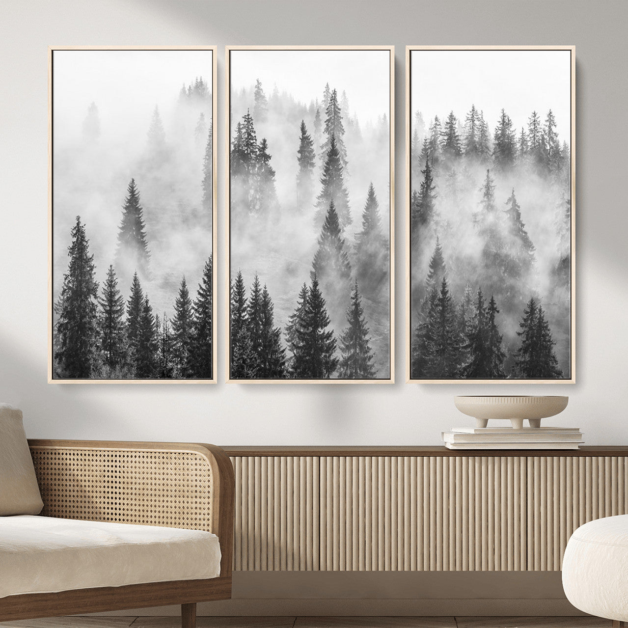 10422-MGV-CV-36X24 - Forest Wall Art Print | Foggy Pine Forest Canvas Wall Art - Black and White Nature Decor for Living