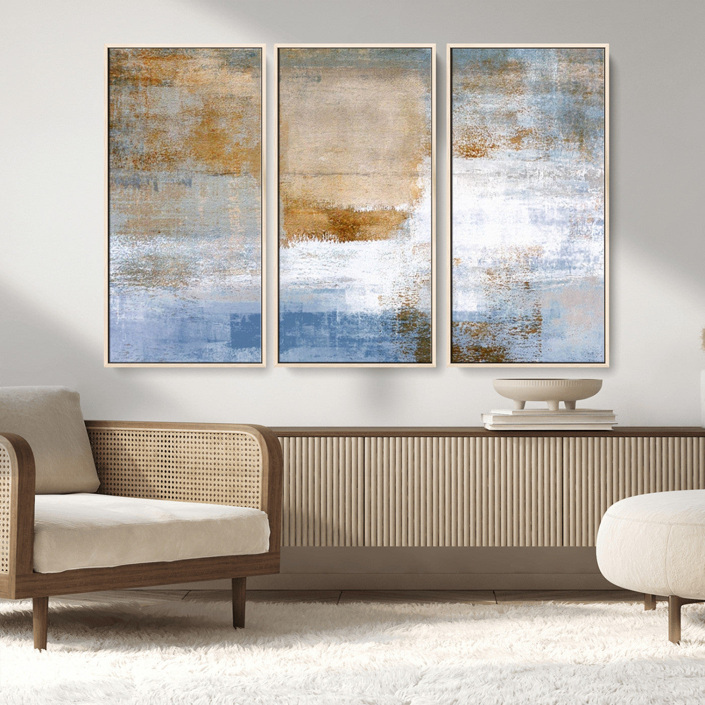 72354-MGV-FC-48X32-3P_Natural-Blue Multi Panel Abstract Wall Art Canvas, Abstract Blue and Gold Canvas Print