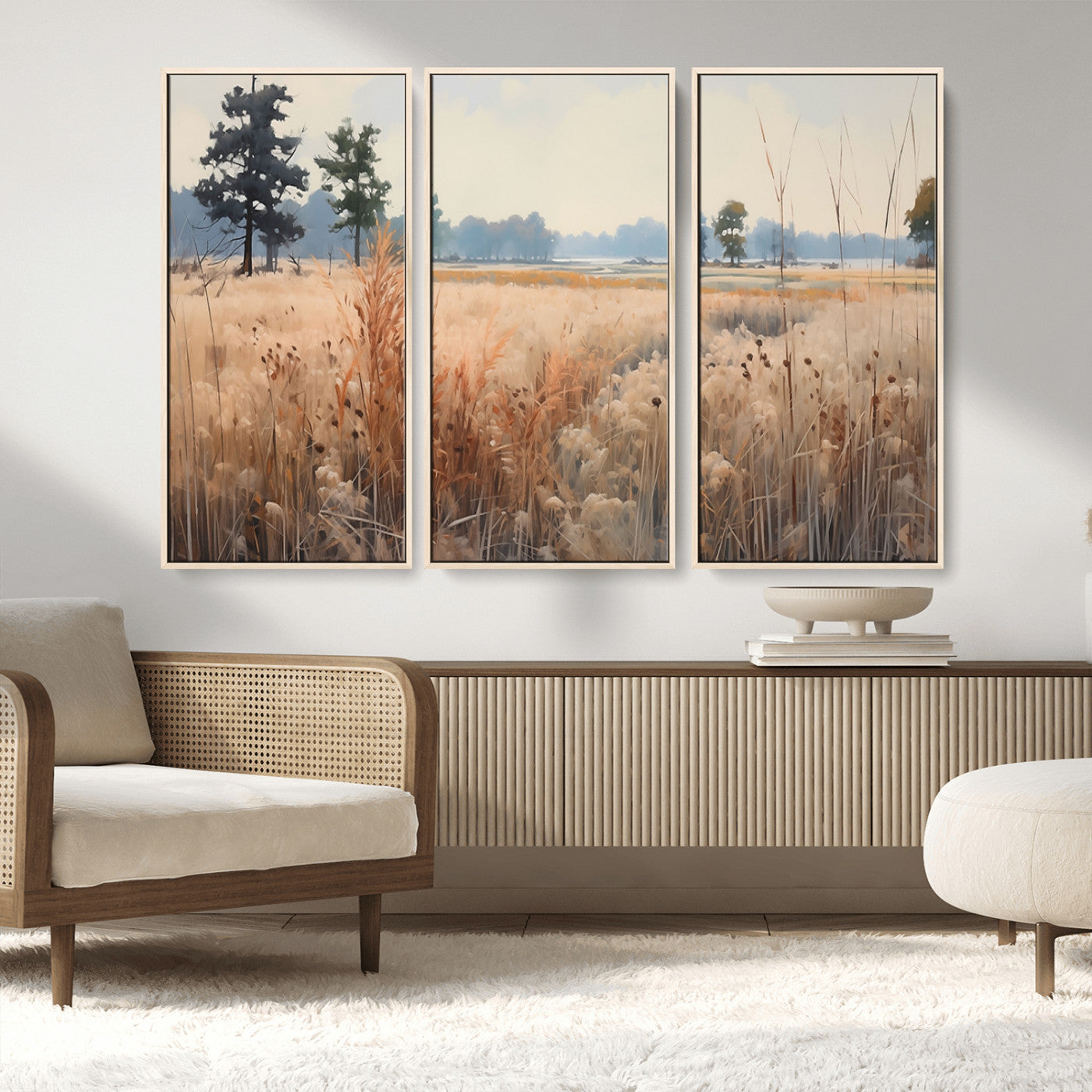 98822-MGV-FC-48X32-3P_Natural-Golden Fields Canvas Wall Art Print – Serene Landscape of Nature’s Tranquility in Minimalist Modern