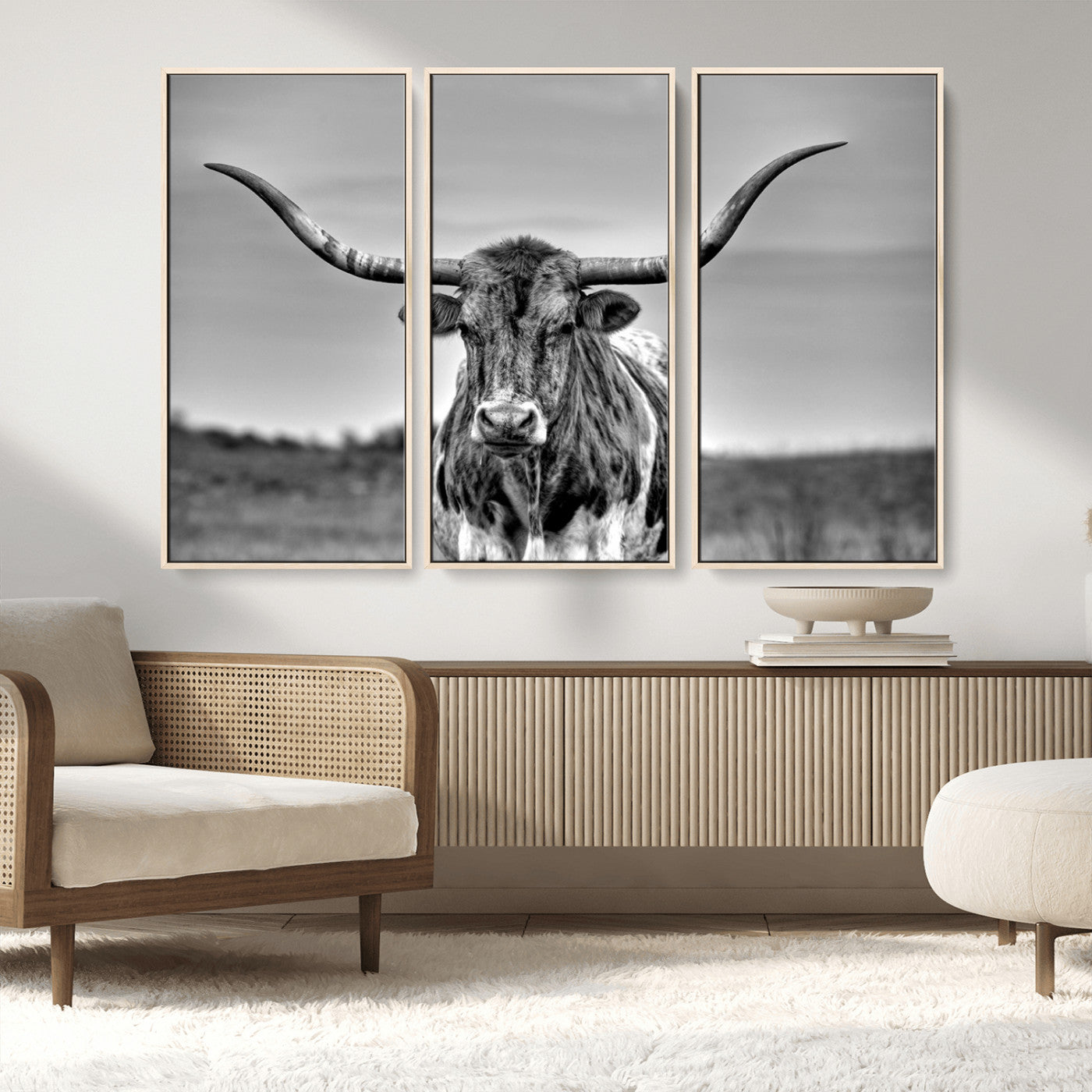 70836-MGV-FC-48X32-3P_Natural-Texas Longhorn Cow Wall Art, Texas Longhorn Canvas, Cattle Canvas Print