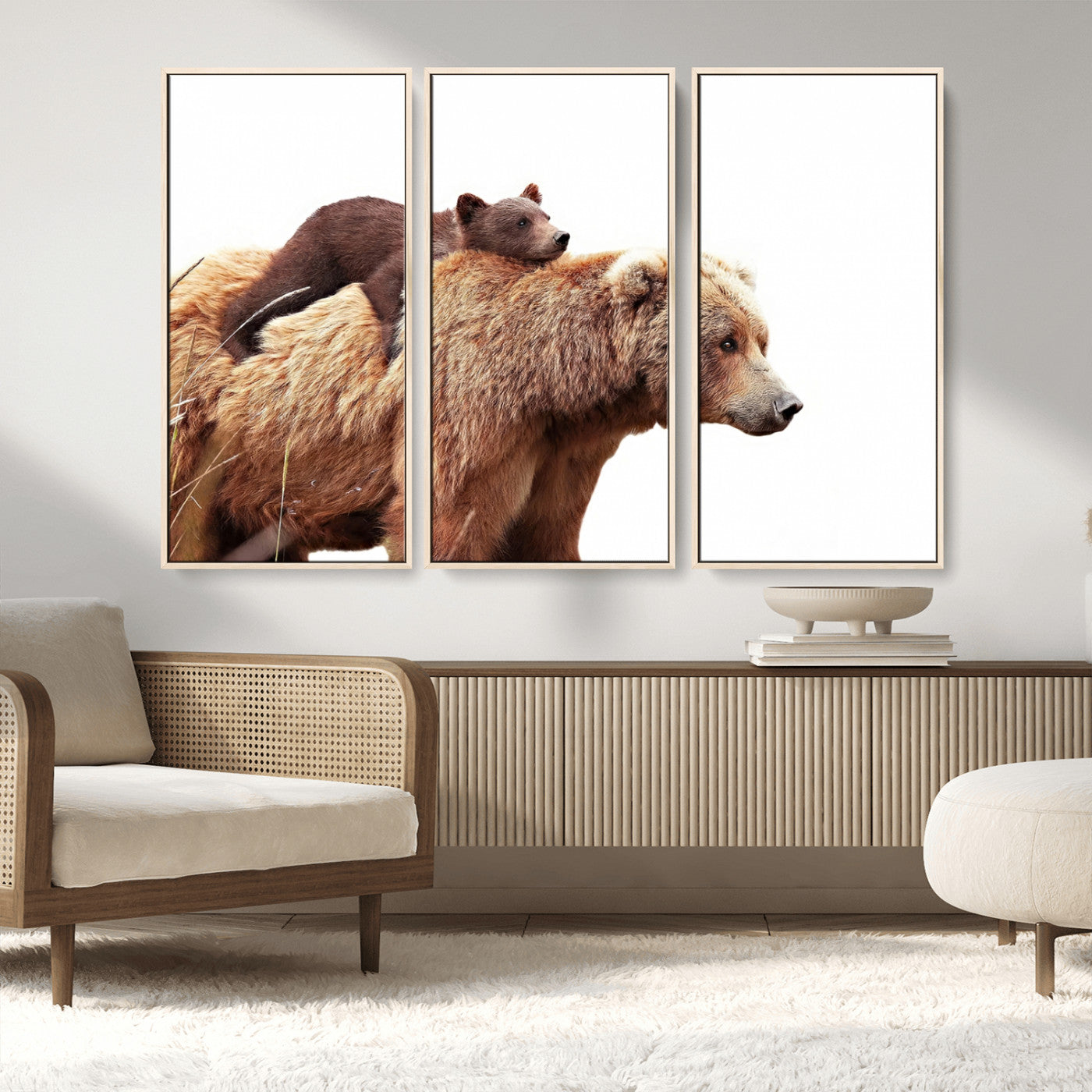 76943-MGV-FC-48X32-3P_Natural-Mother and Baby Bear Canvas Wall Art - Adorable Wildlife Animal Print, Cozy Rustic Decor for Living