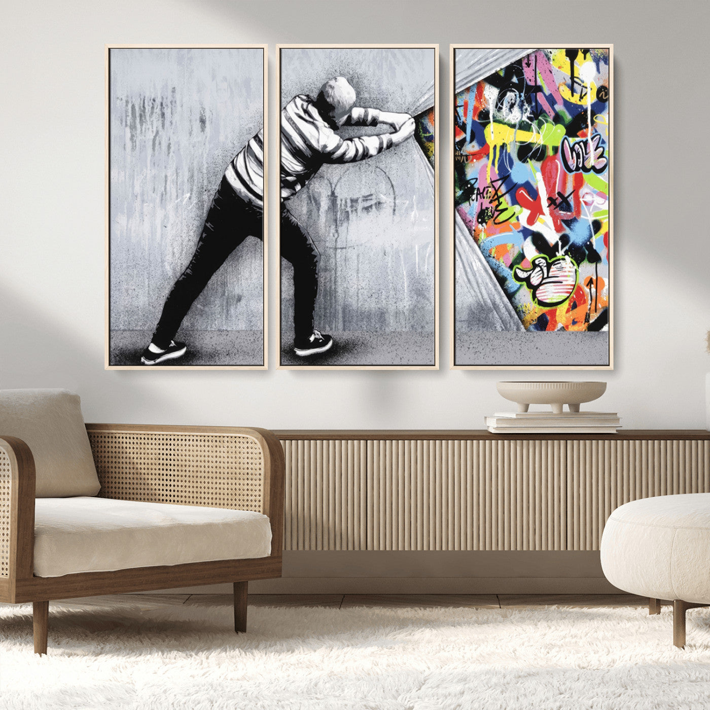 52252-MGV-FC-48X32-3P_Natural-Banksy Art Behind the Curtain Street Wall Art Canvas Print | 3-Panel Urban Graffiti-Inspired Wall