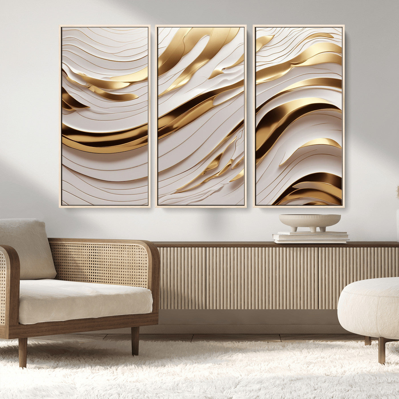 81197-MGV-FC-48X32-3P_Natural-Gold and White Abstract Wave Canvas – Elegant Flowing Design with Luxurious Golden Accents –