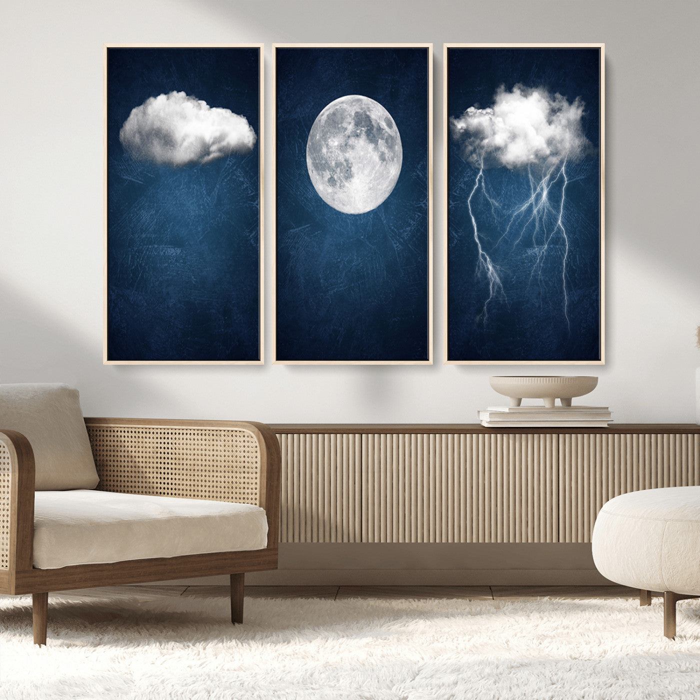 96569-MGV-FC-48X32-3P_Natural-Dark Blue Cloud Art, 3 Piece Indigo Blue Wall Art, Aesthetic Surreal Art, Thunderstorm Moon Cloud