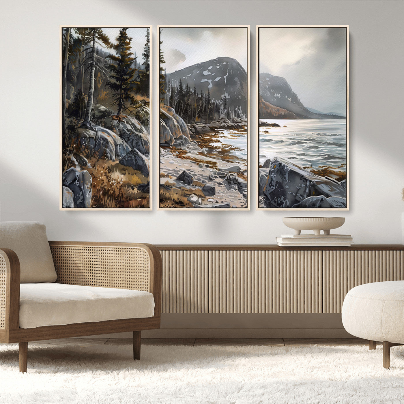 41281-MGV-FC-48X32-3P_Natural-Serene Coastal View of Acadia National Park - Stunning 3-Panel Wall Art Canvas Print, Framed, Ready