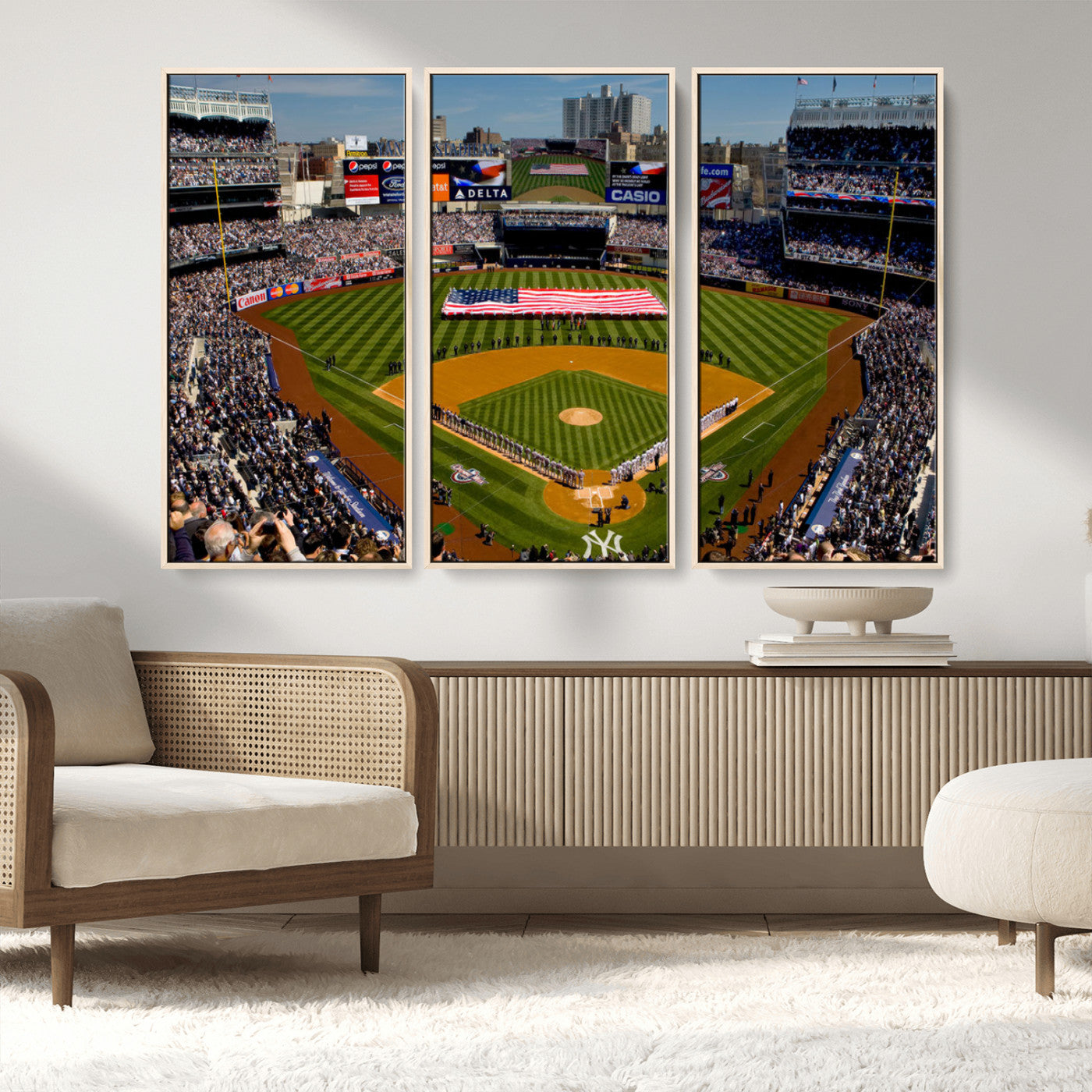 20879-MGV-FC-48X32-3P_Natural-Yankee Stadium New York Wall Art Print | 3-Panel Canvas Print of Yankees Baseball Stadium | Large