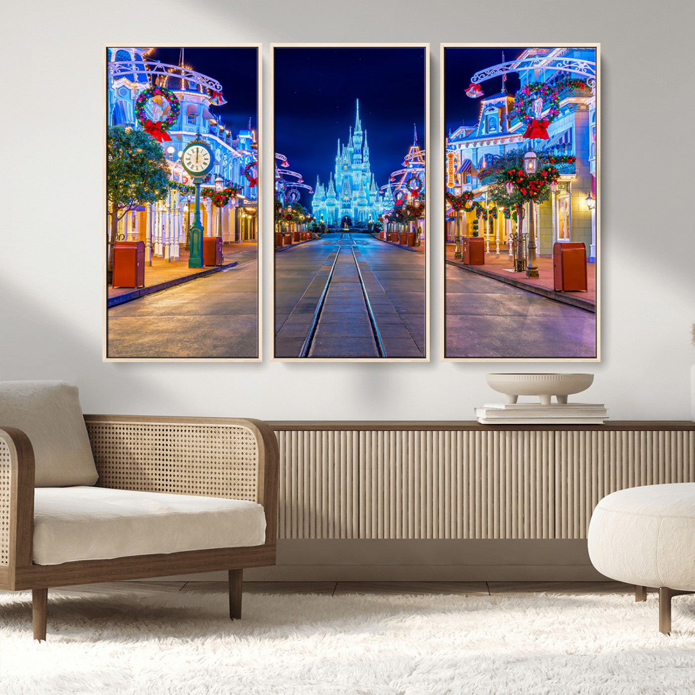 12470-MGV-FC-48X32-3P_Natural-Disney Castle Wall Art – Large Magic Kingdom Canvas Artwork, Fairytale Design, Kids Room Christmas Decor for Home, Office