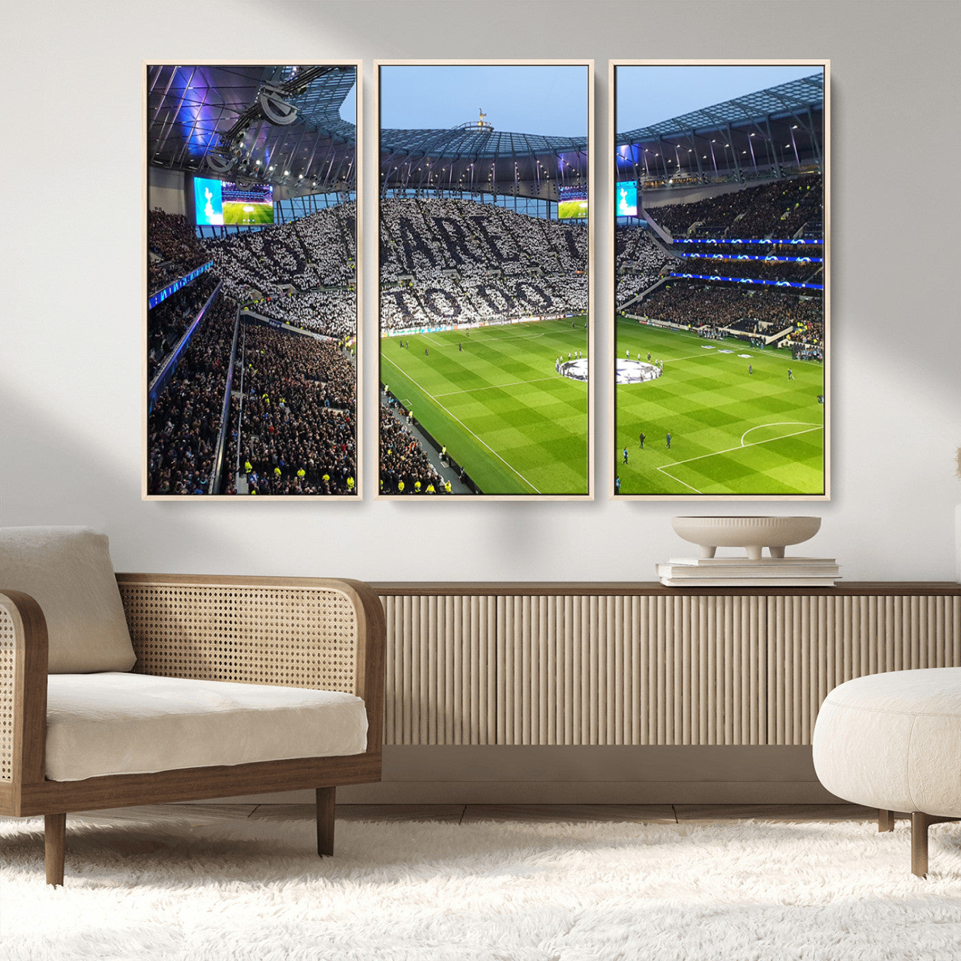 38765-MGV-FC-48X32-3P_Natural-Tottenham Hotspur Stadium Canvas Print, Match Day Triple Canvas Wall Art - Premier League Football